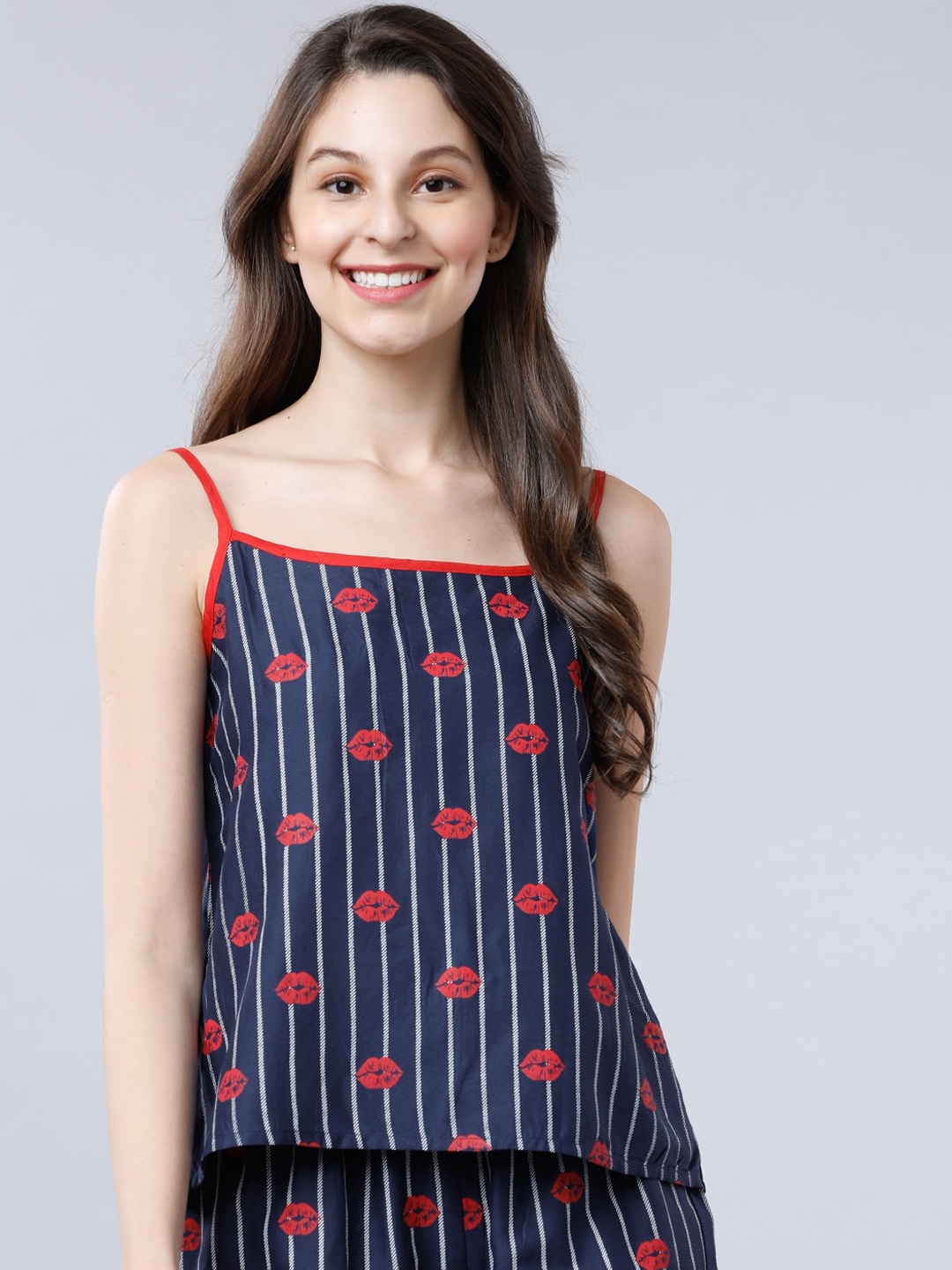 

Tokyo Talkies Women Navy Blue & Red Striped Night suit
