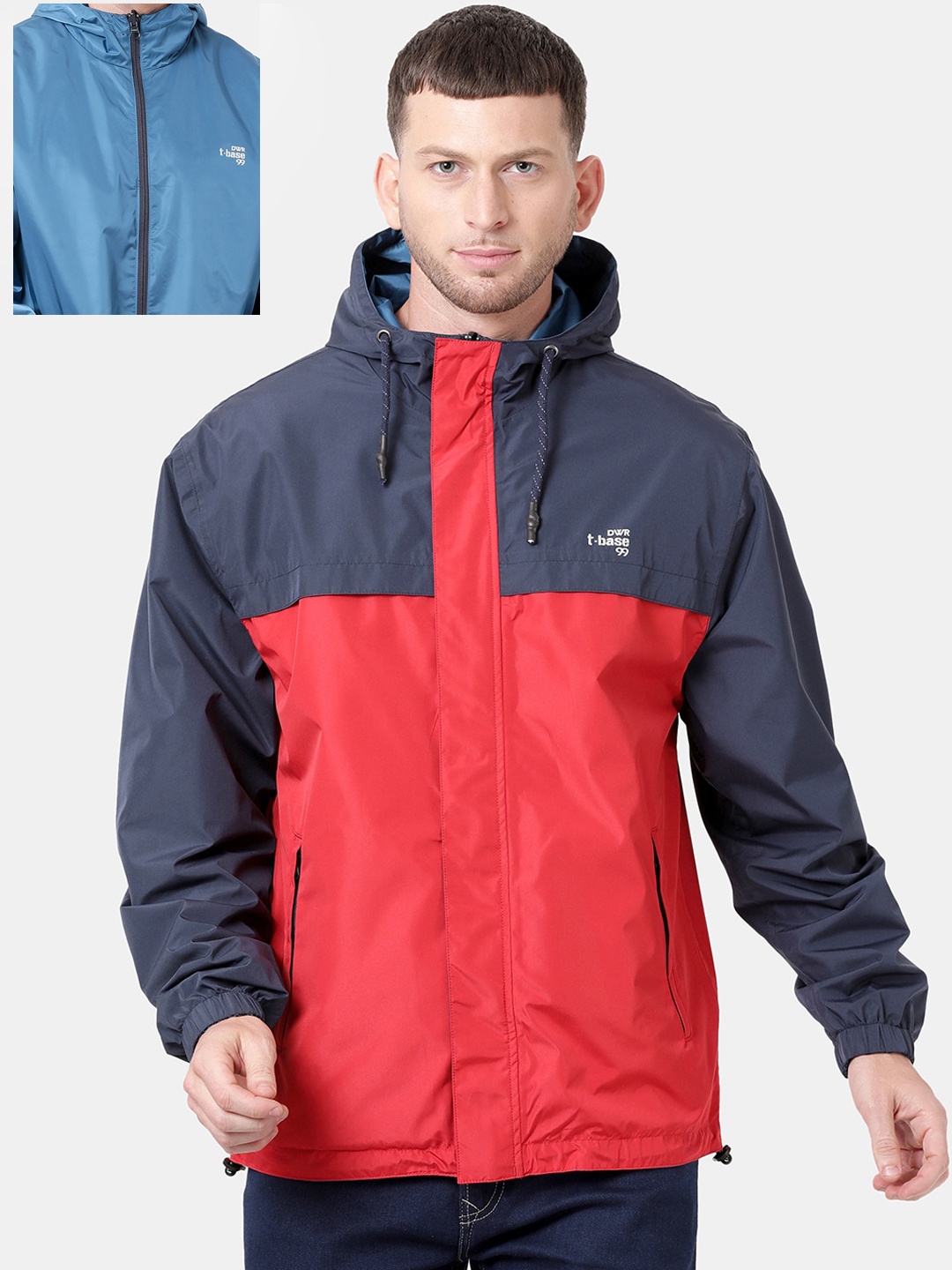 

t-base Men Navy Blue & Red Solid Waterproof Reversible Rain Jacket