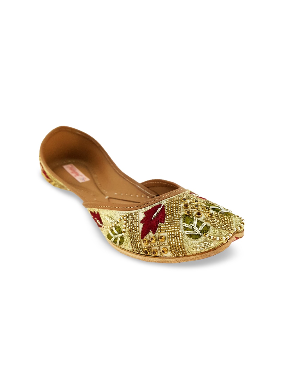 

Fulkari Women Beige Embellished Leather Mojaris