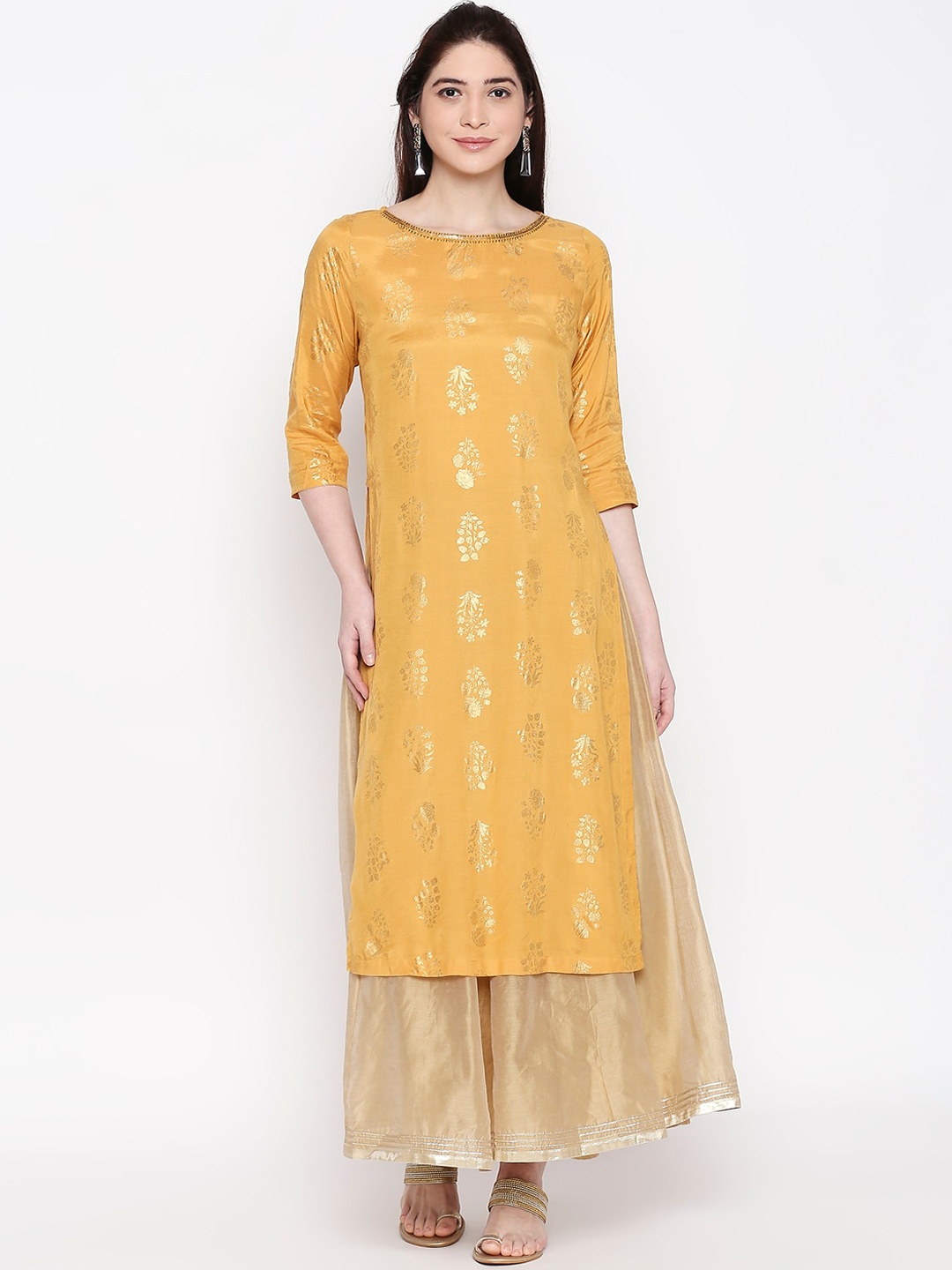 

RANGMANCH BY PANTALOONS Women Yellow Embroidered Kurti with Skirt