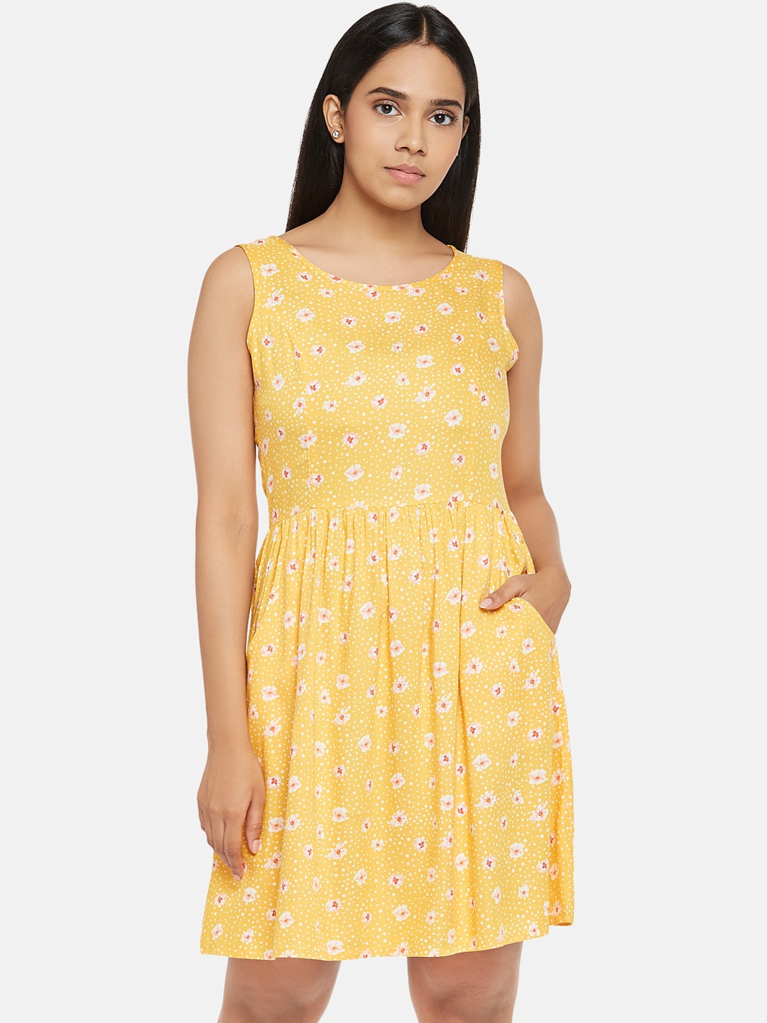 

People Women Yellow Printed Fit and Flare Dress