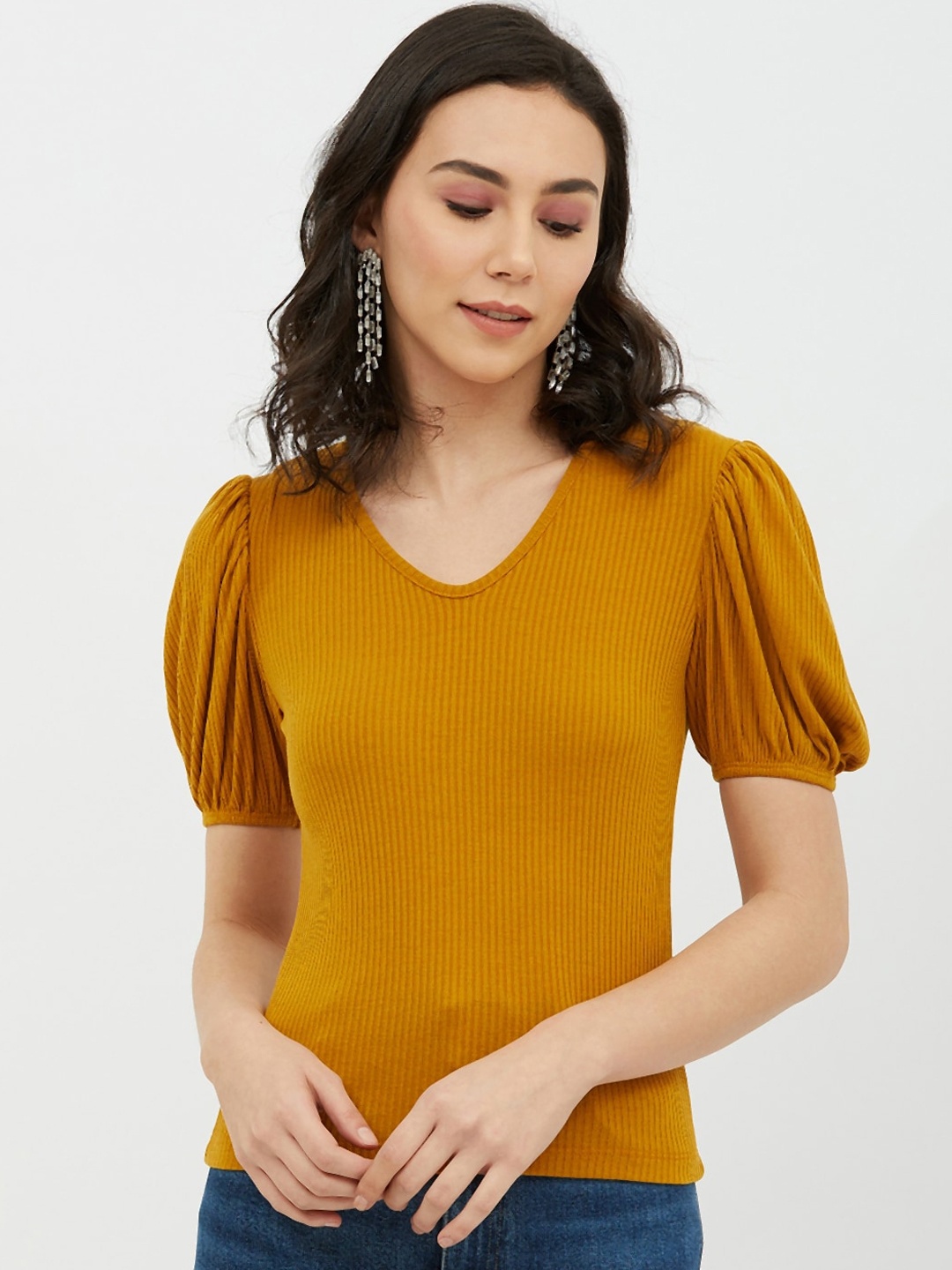 

Harpa Mustard Puff Sleeves Regular Top