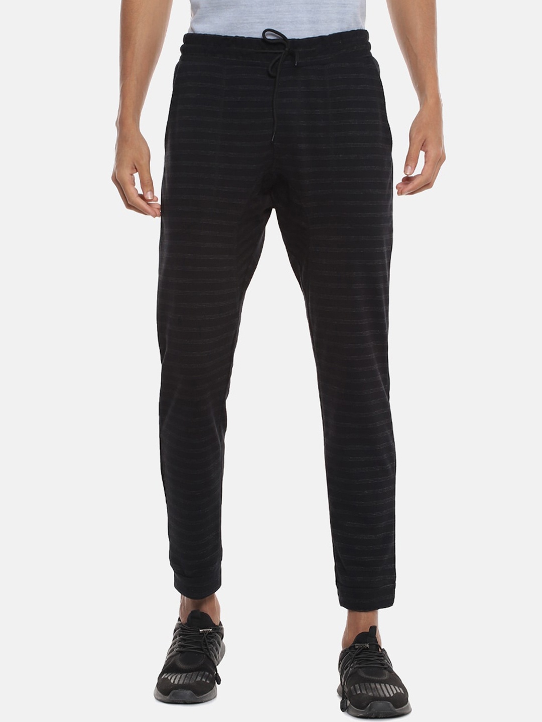 Campus Sutra Men Black & Grey Striped Straight-Fit Joggers