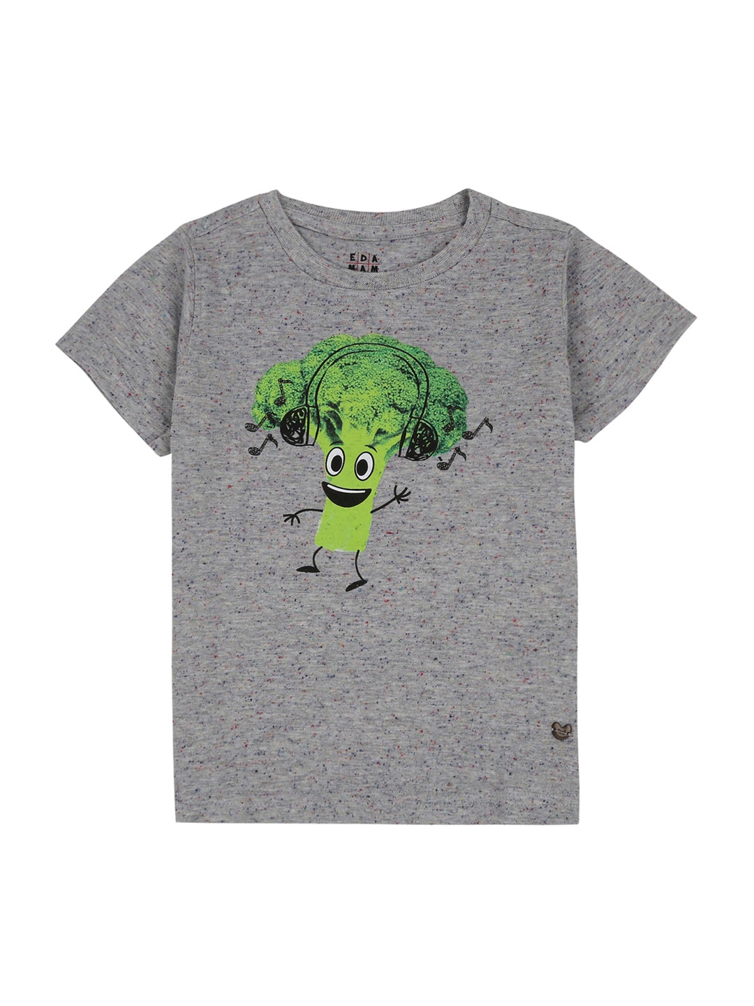 

Ed-a-Mamma Boys Grey Melange & Green Printed Pure Cotton Round Neck T-shirt