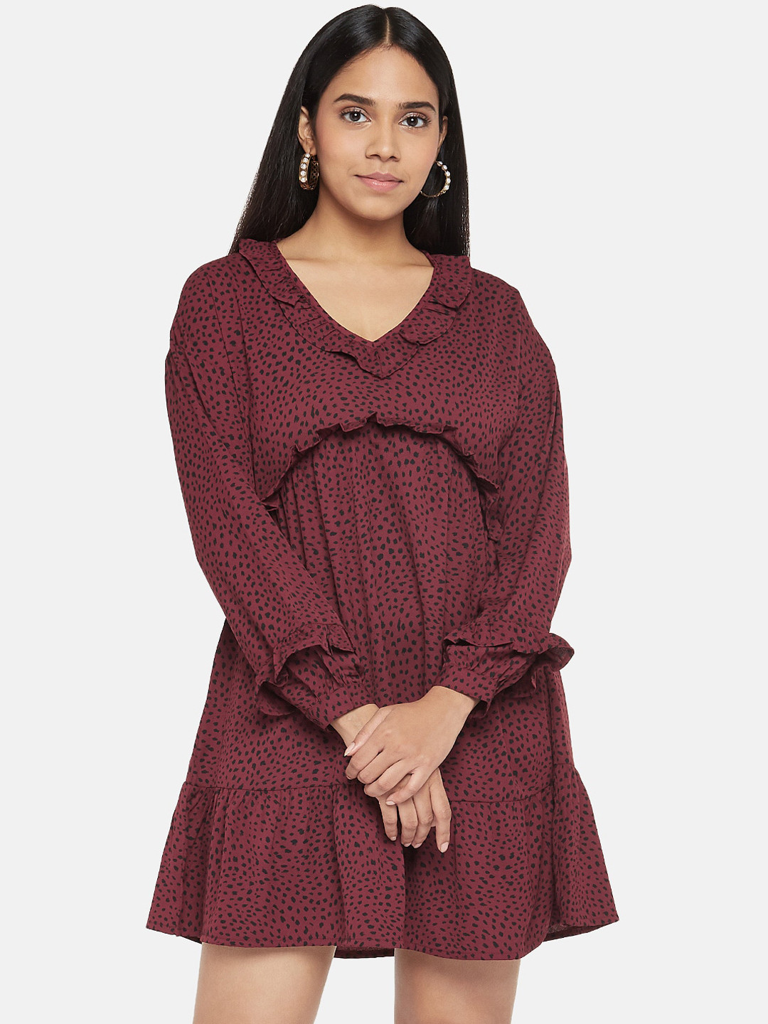 

People Women Maroon & Black Printed Drop-Waist Dress