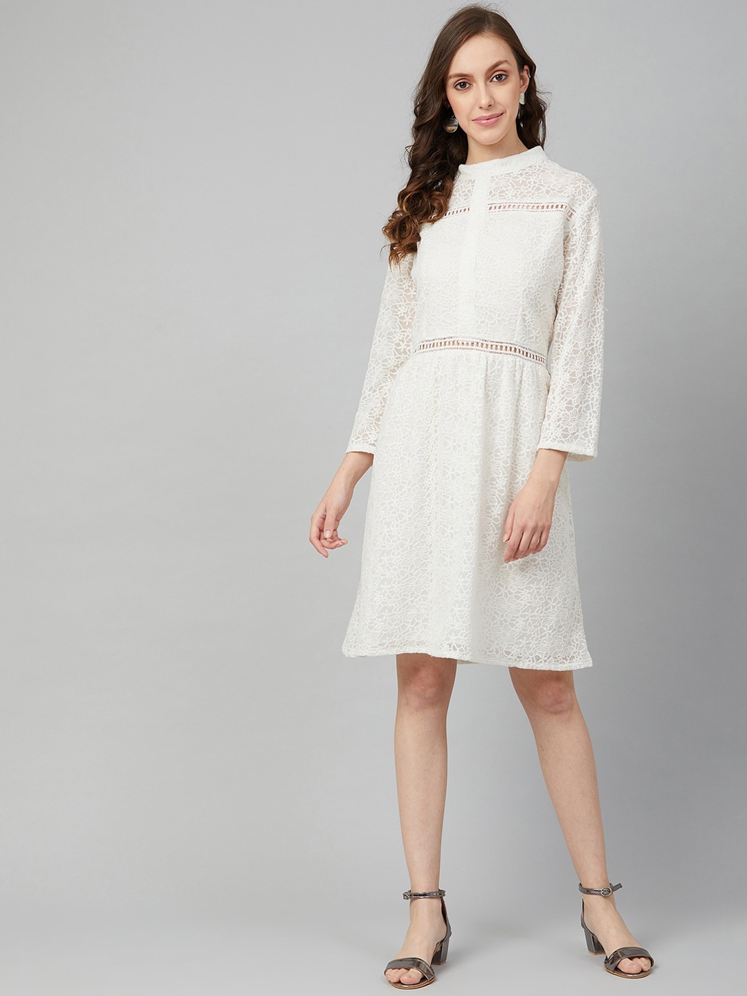 

Marie Claire Women White Embroidered Lace-Inserts A-Line Dress