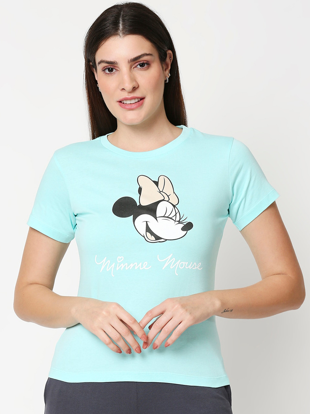 

Bewakoof Women Blue & White Printed Round Neck Regular Fit Lounge T-shirt
