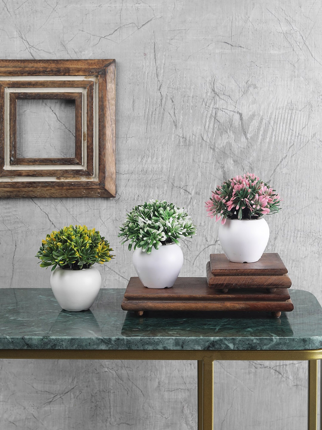 FOLIYAJ Set Of 3 Artificial Mini Bush With Leaves, Green