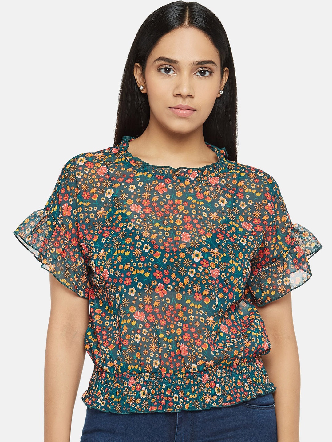 

People Green & Orange Floral Printed Bell Sleeves Cinched Waist Top