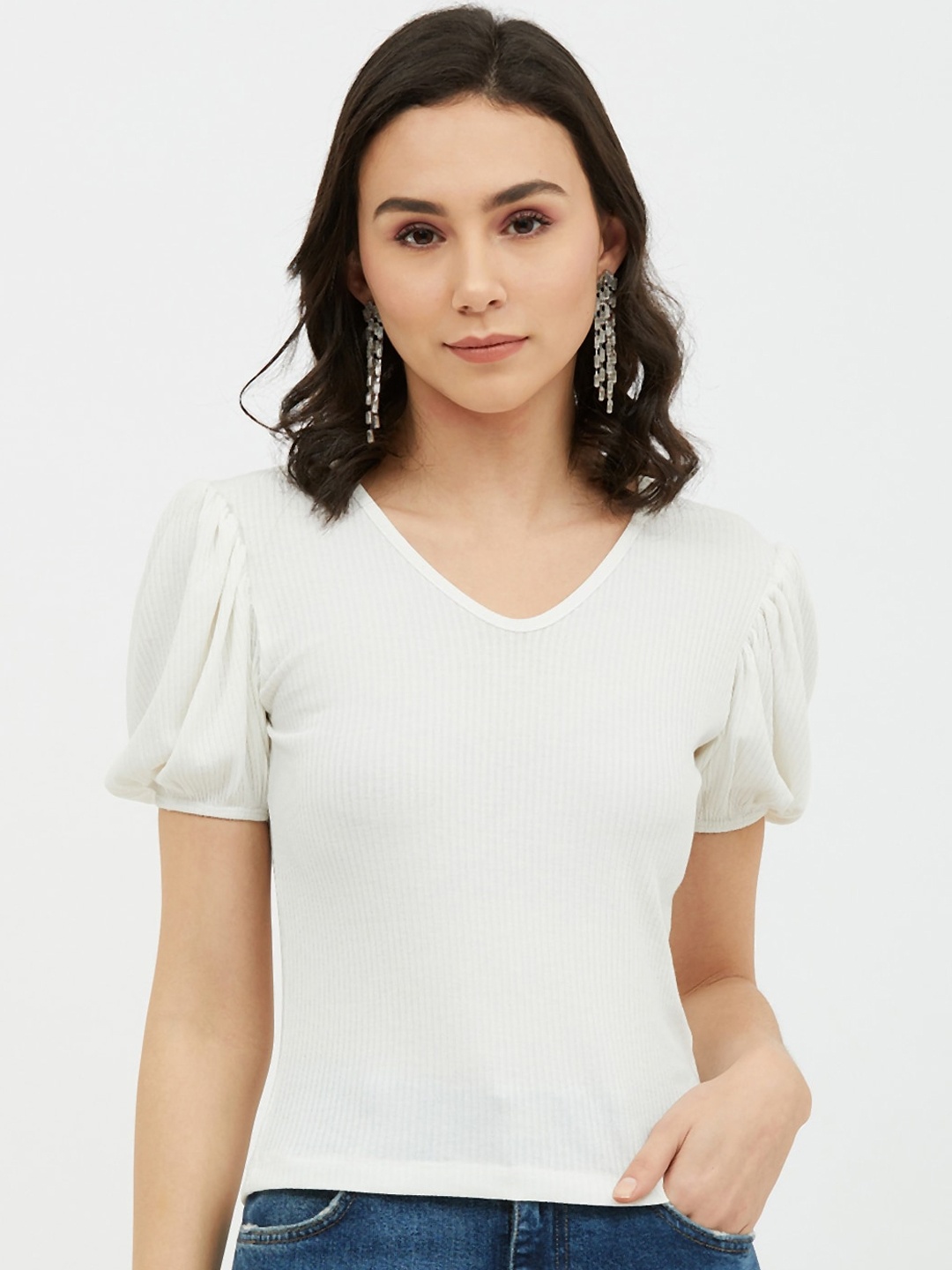 

Harpa Women White Solid Fitted Top