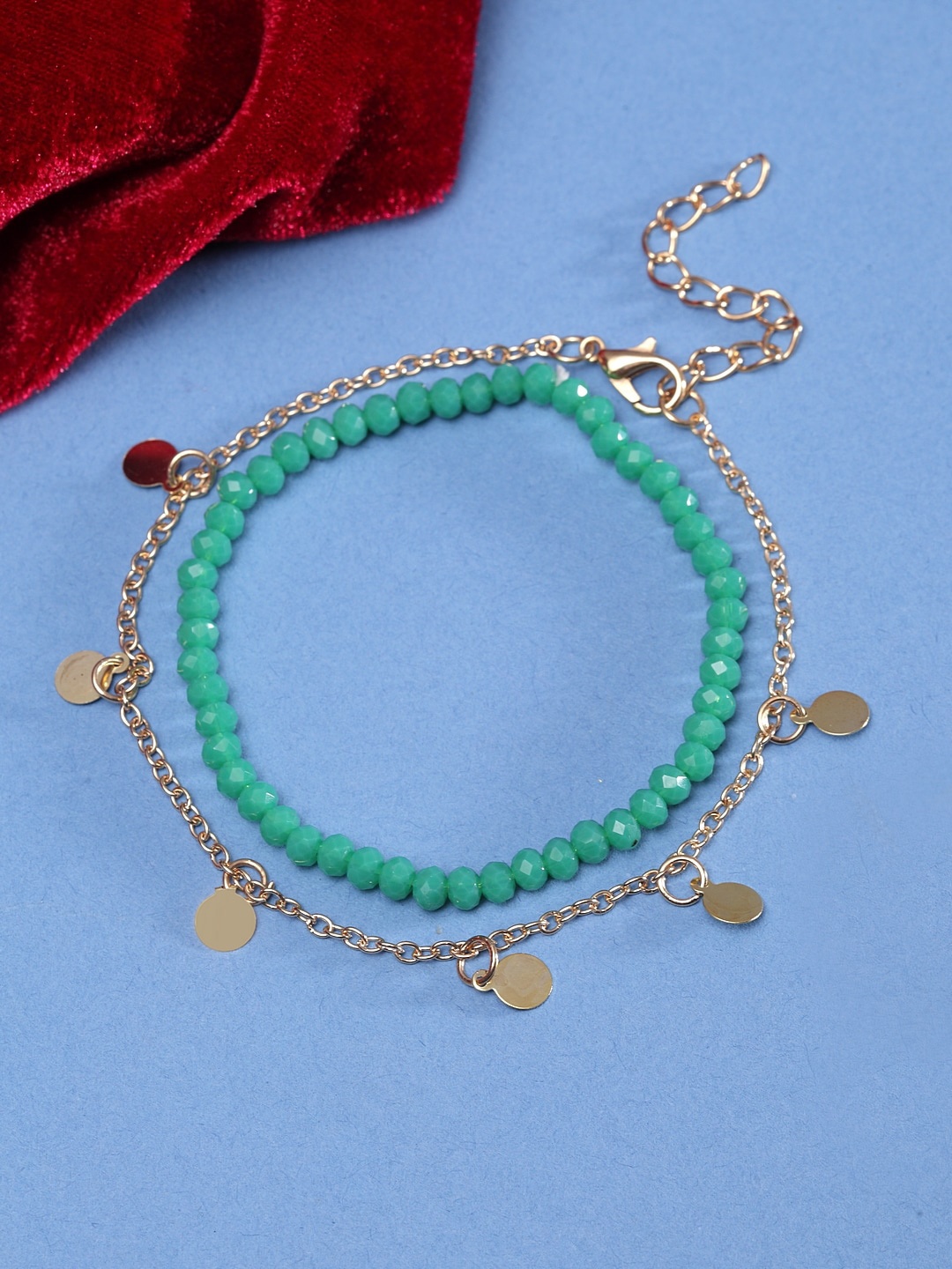 

Ferosh Set of 2 Gold-Toned and Green Beaded Layered Anklet