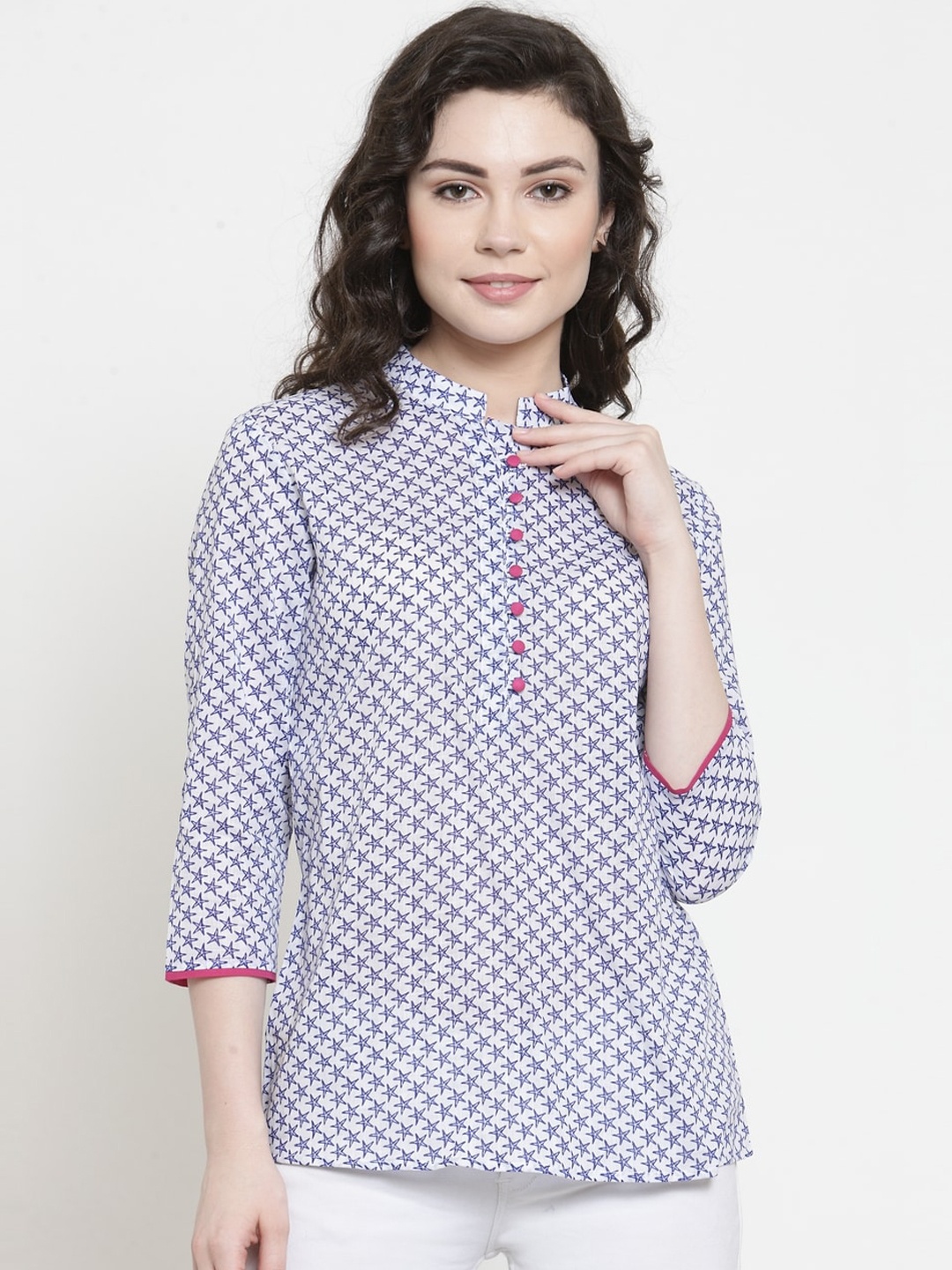 

Purple State White & Blue Star Print Mandarin Collar Regular Top