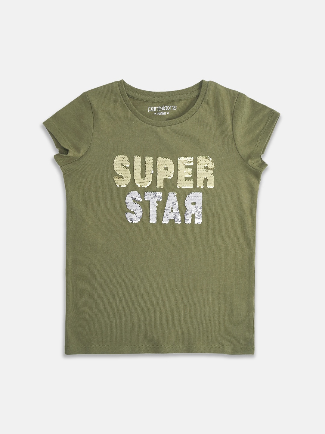 

Pantaloons Junior Girls Olive Green Printed Round Neck Pure Cotton T-shirt