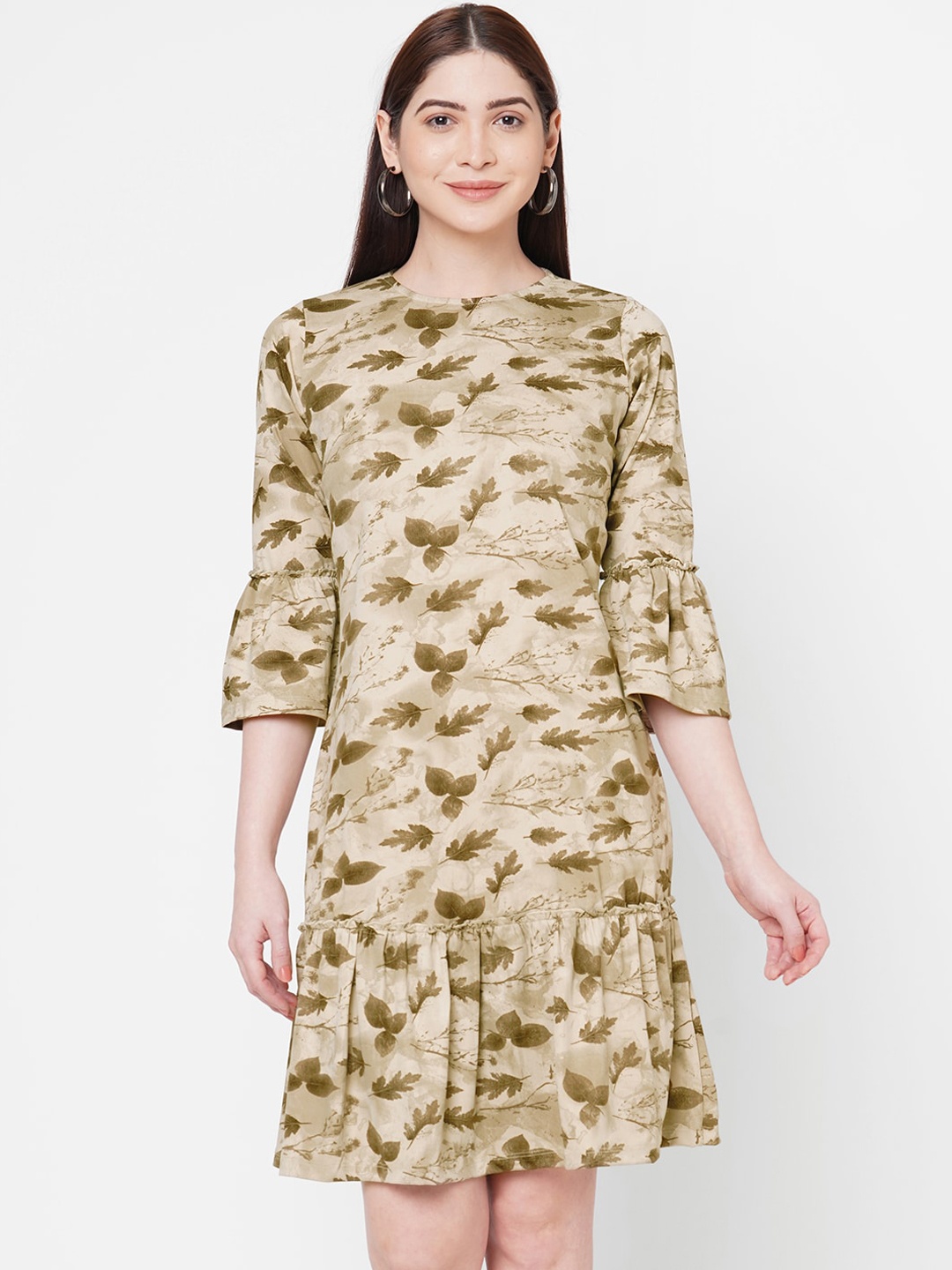 

109F Women Beige Leaf Printed A-Line Dress