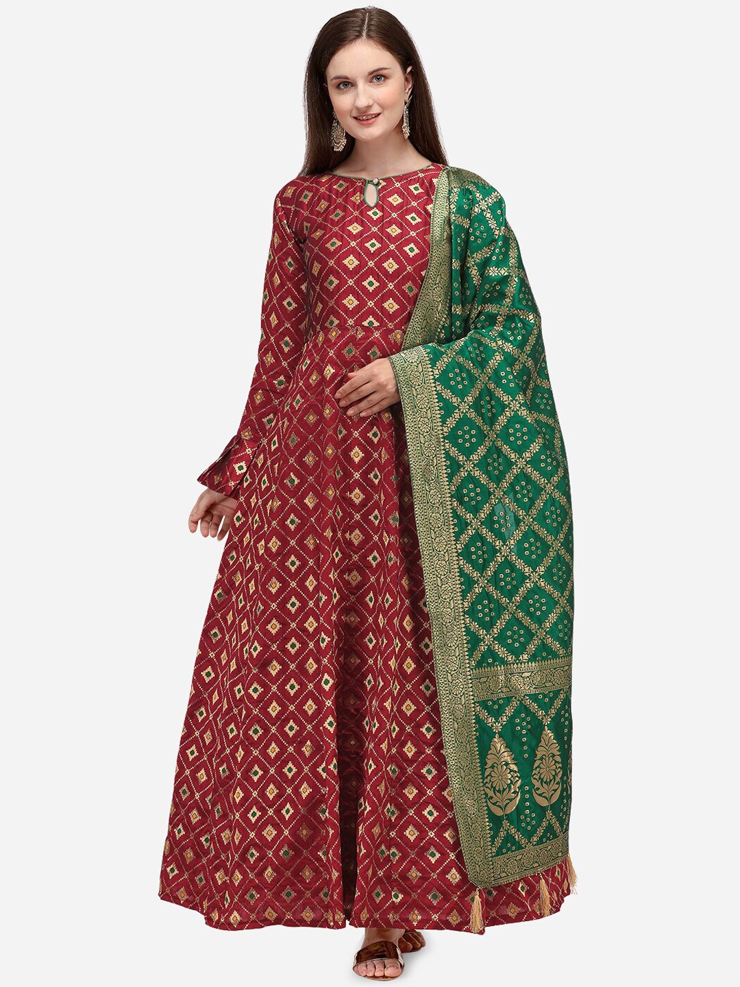 

PURVAJA Women Maroon & Golden Self-Design Semi-Stitched Maxi Dress with Dupatta