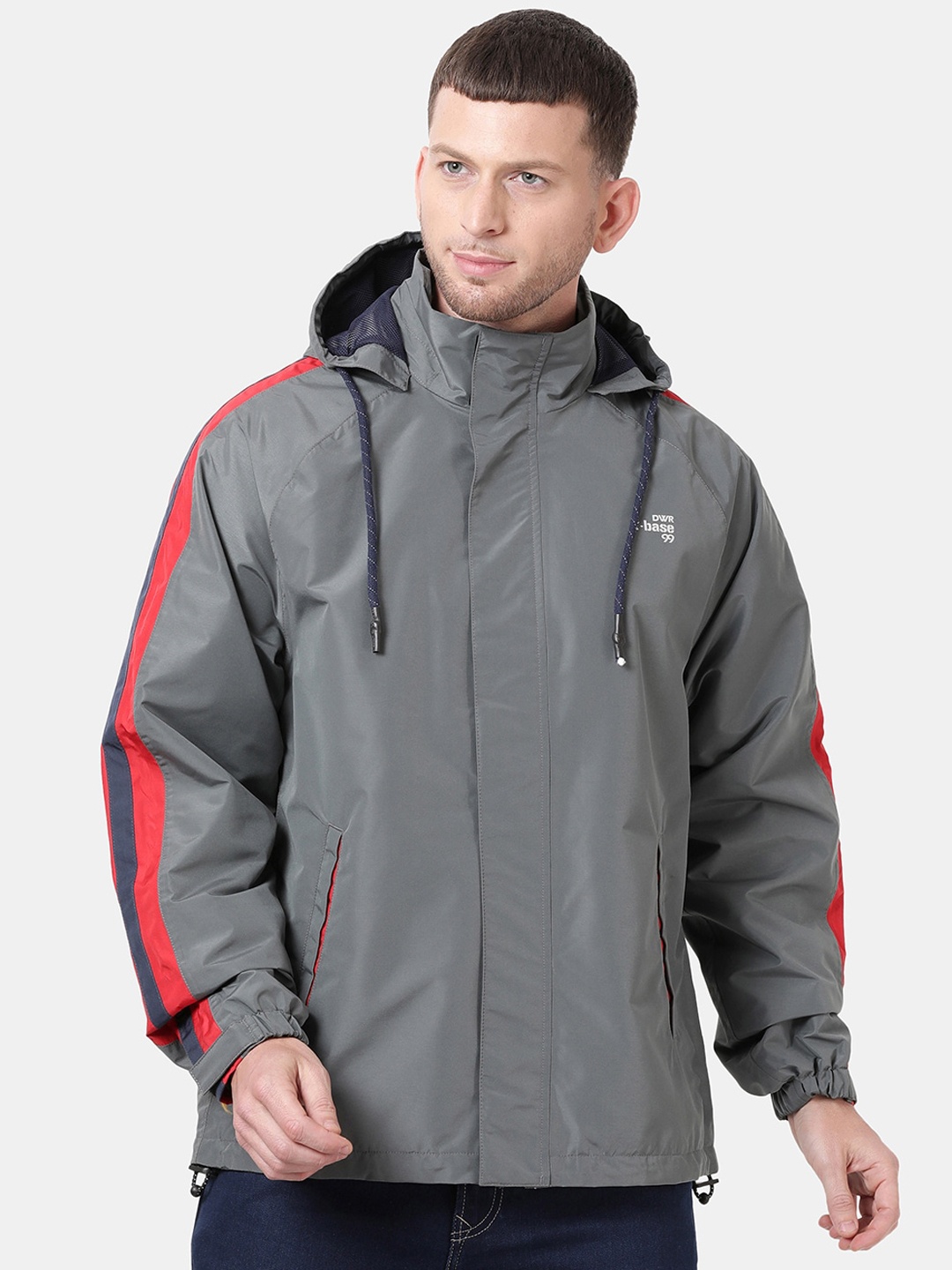 

t-base Men Grey & Red Solid Waterproof Rain Jacket