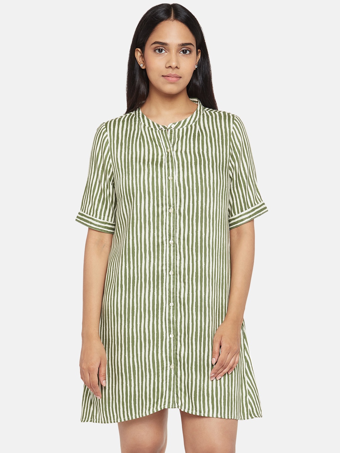 

People Women Green & White Striped A-Line Dress