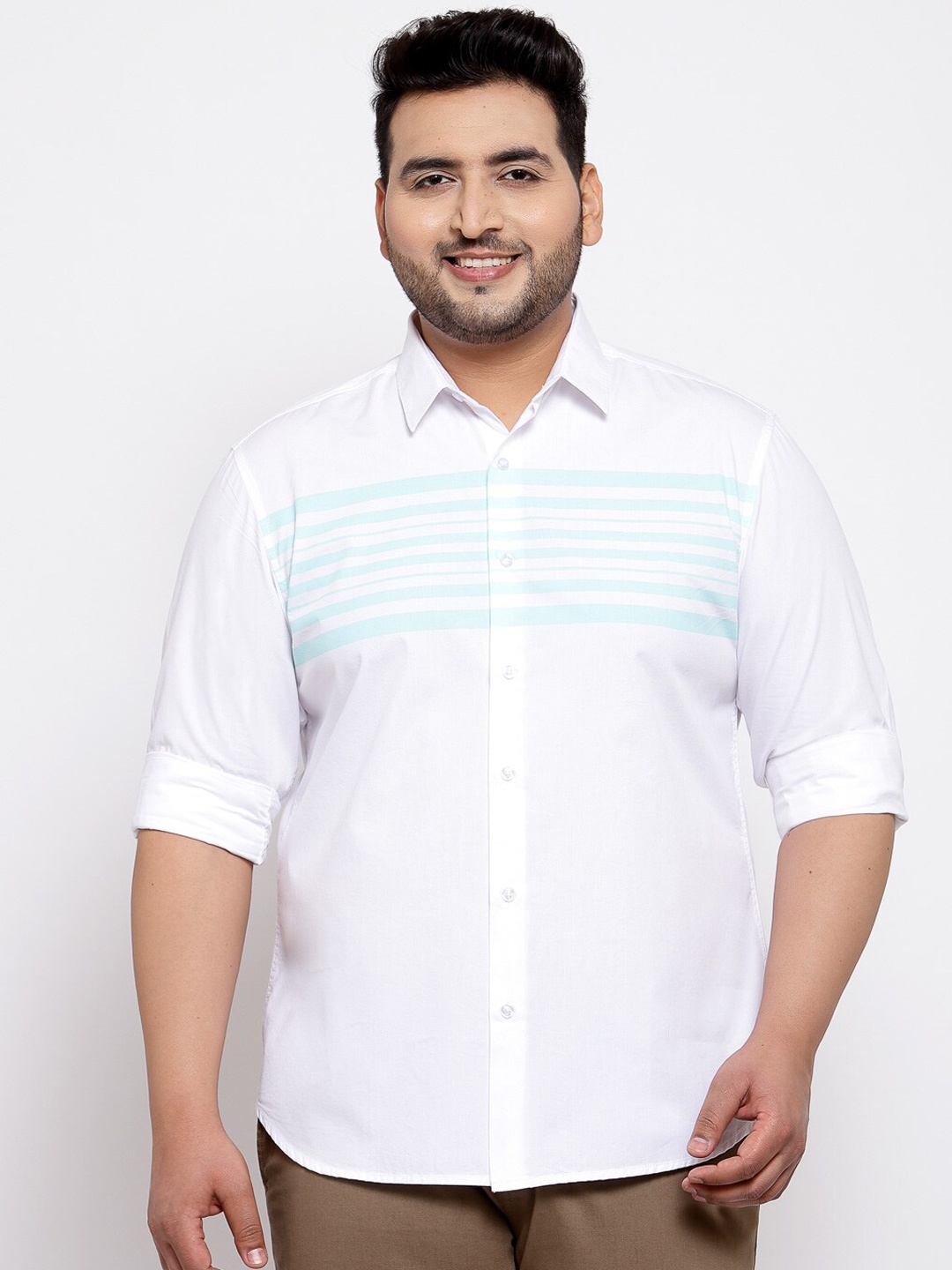 

plusS Men Plus Size White & Blue Regular Fit Striped Casual Shirt