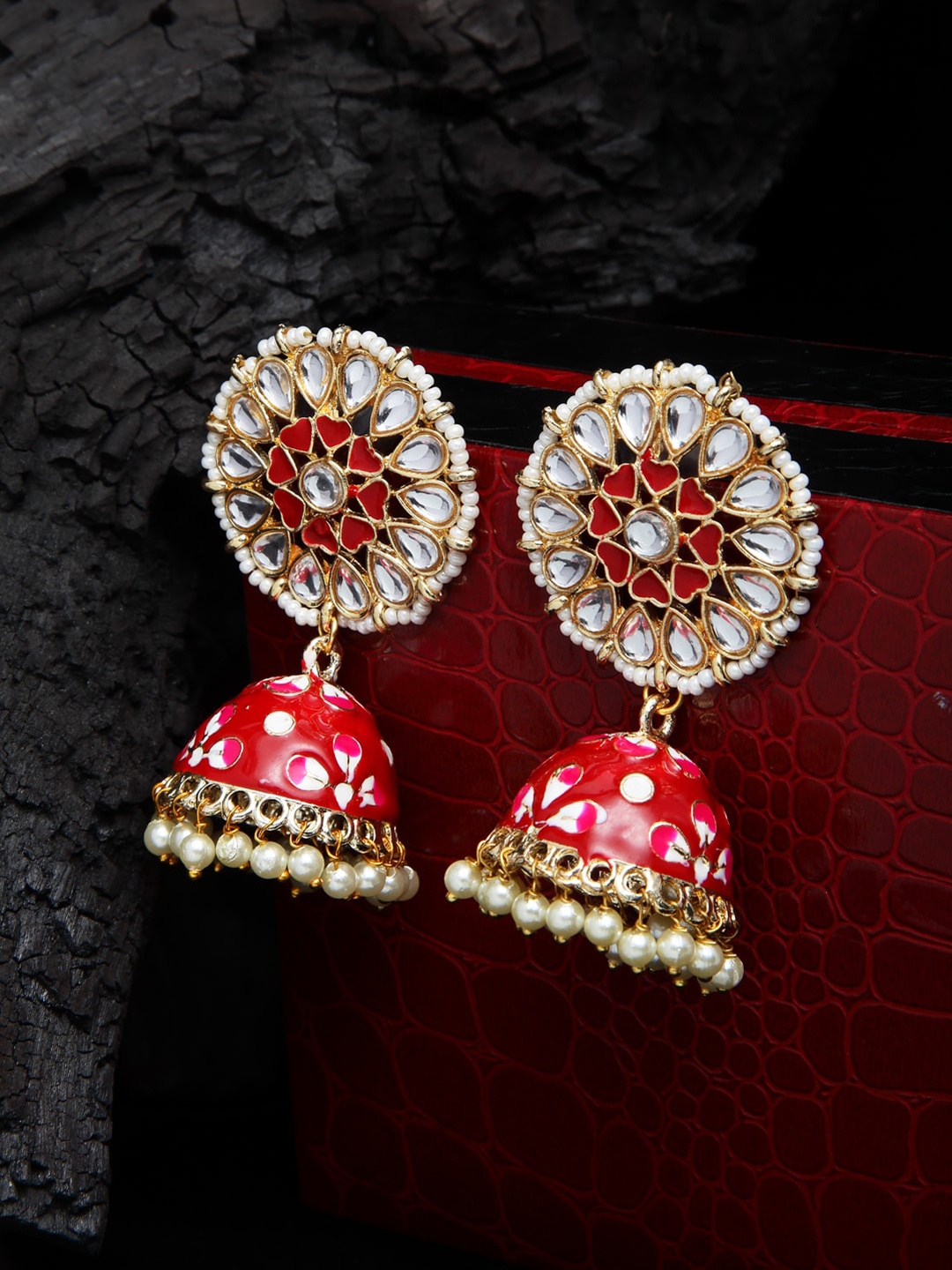 

Shining Diva Red & White Dome Shaped Jhumkas