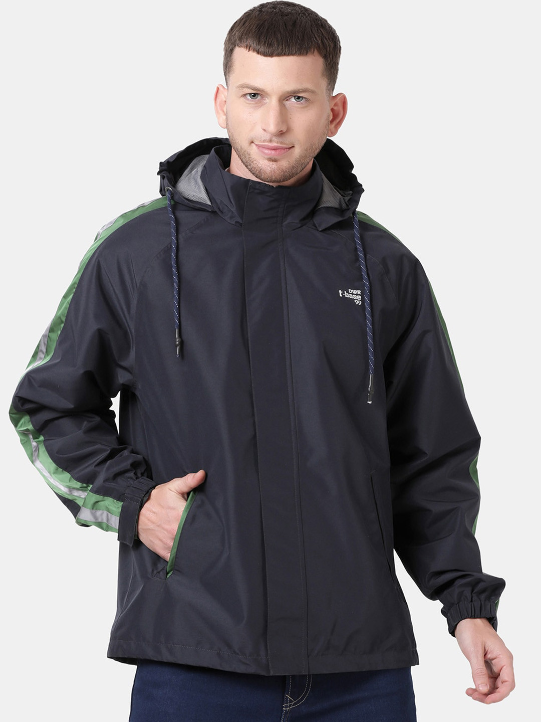 

t-base Men Navy Blue & Green Solid Waterproof Rain Jacket