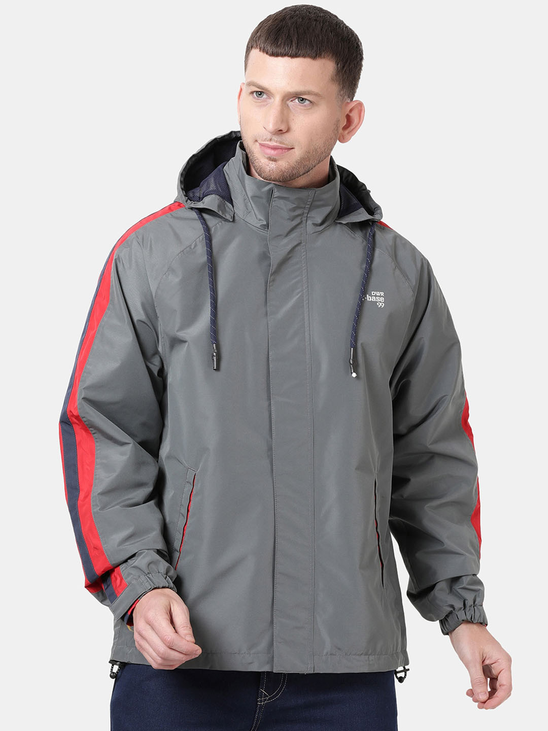 

t-base Men Grey & Red Solid Waterproof Rain Jacket