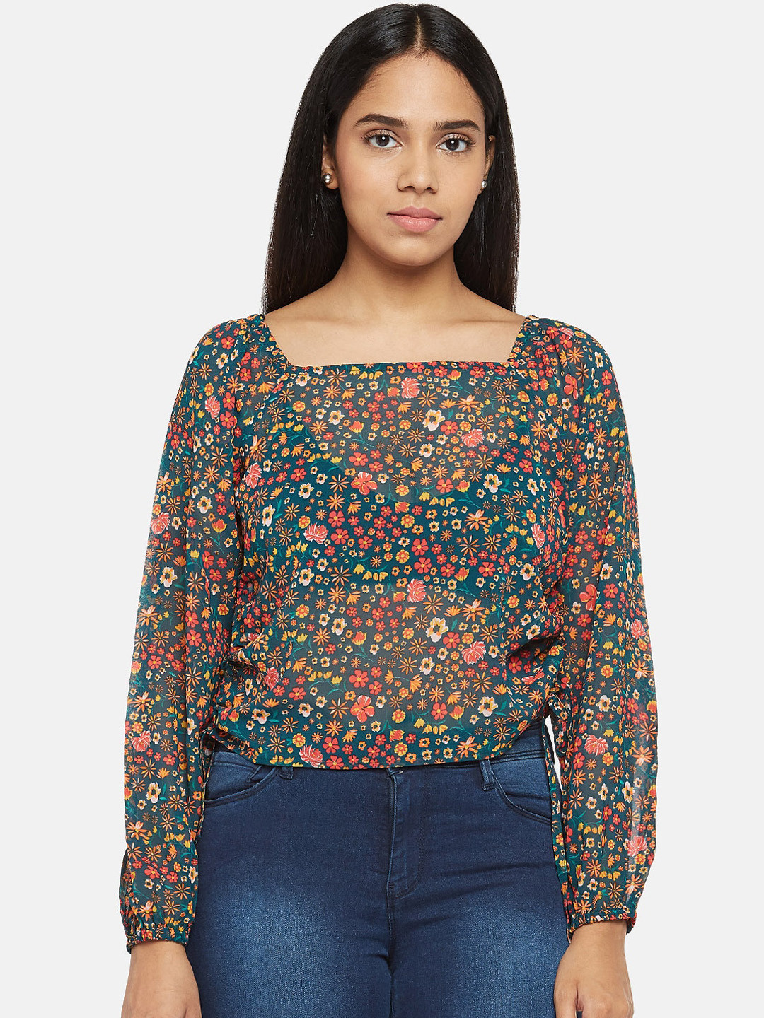 

People Green Floral Printed Blouson Top