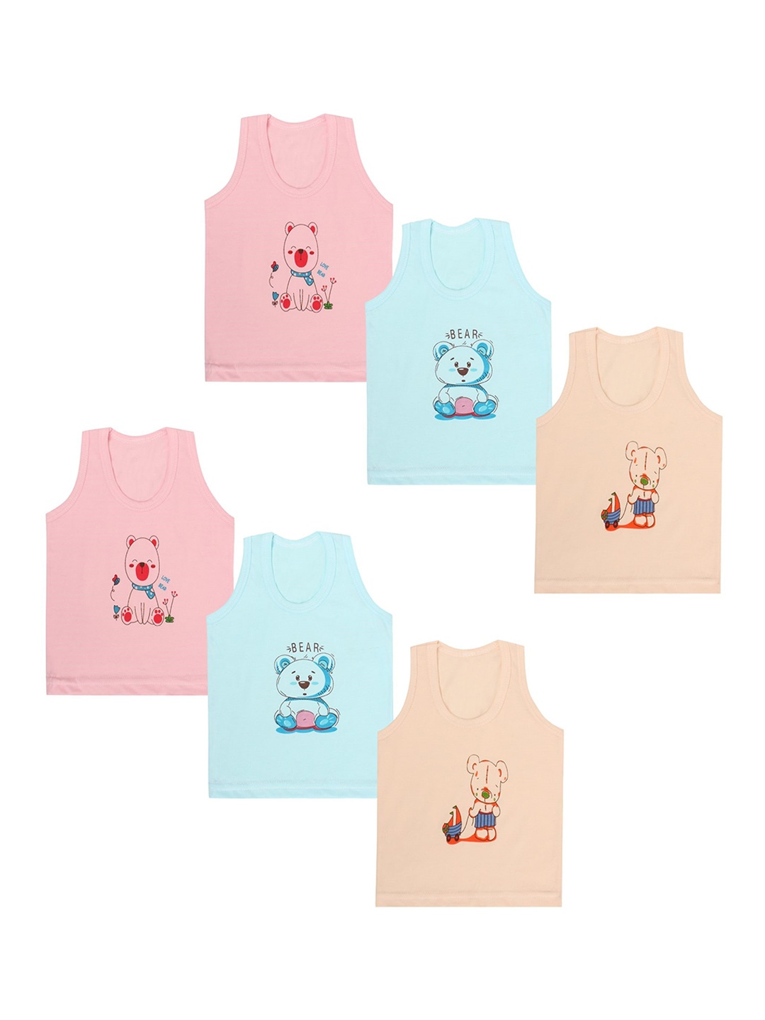 Superminis Infant Unisex Pack of 6 Printed Cotton Innerwear Vests, Beige
