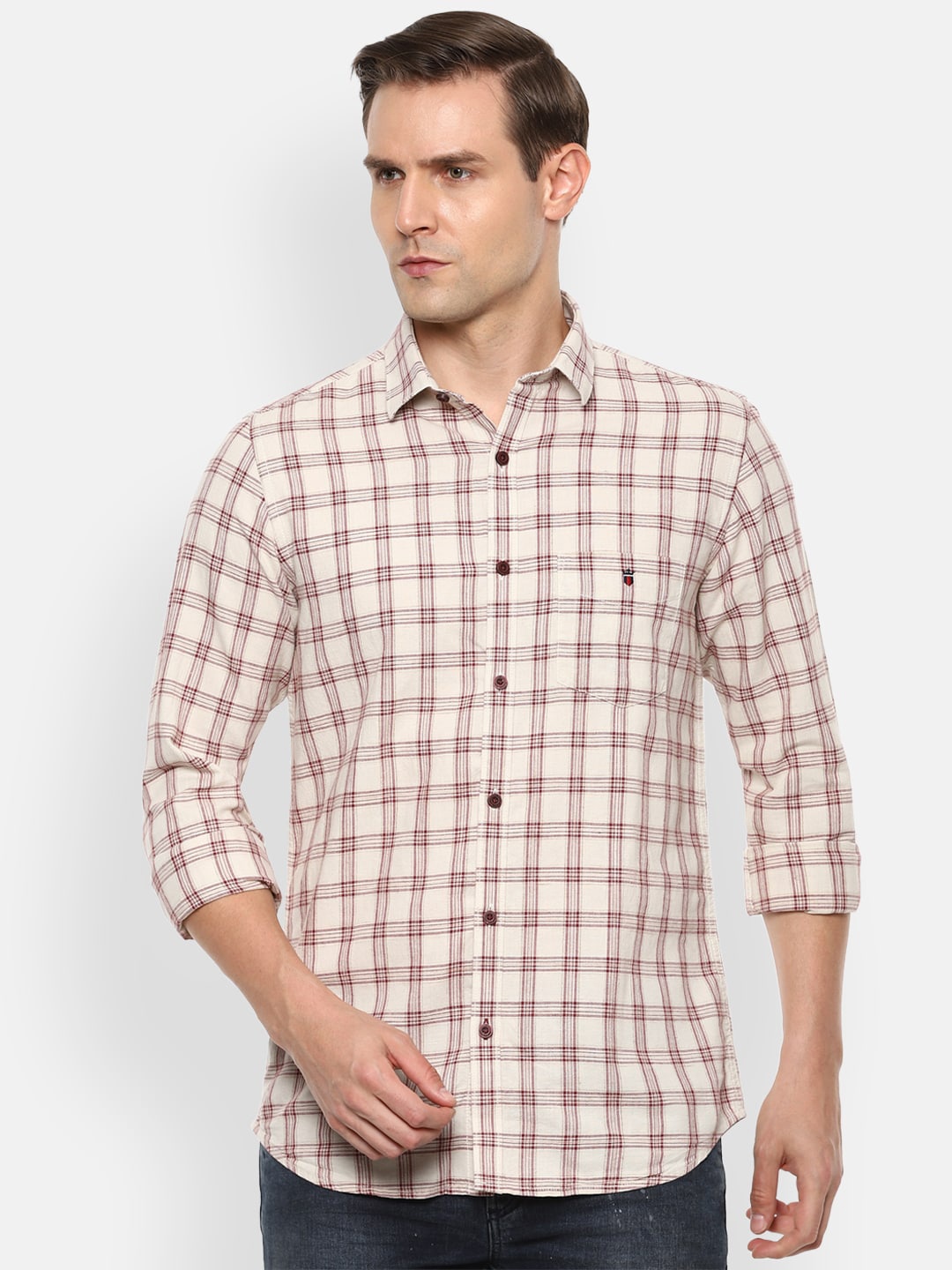

Louis Philippe Sport Men Cream-Coloured Slim Fit Checked Casual Shirt