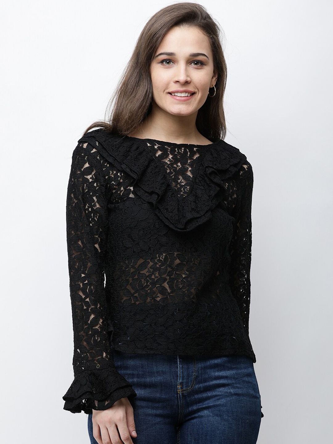 

Cation Women Black Semi-Sheer Lace Top