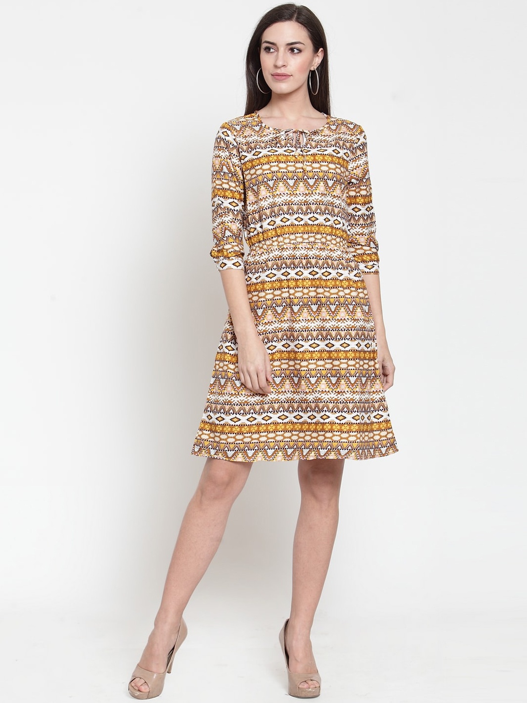 Purple State Women White Printed Fit and Flare Dress