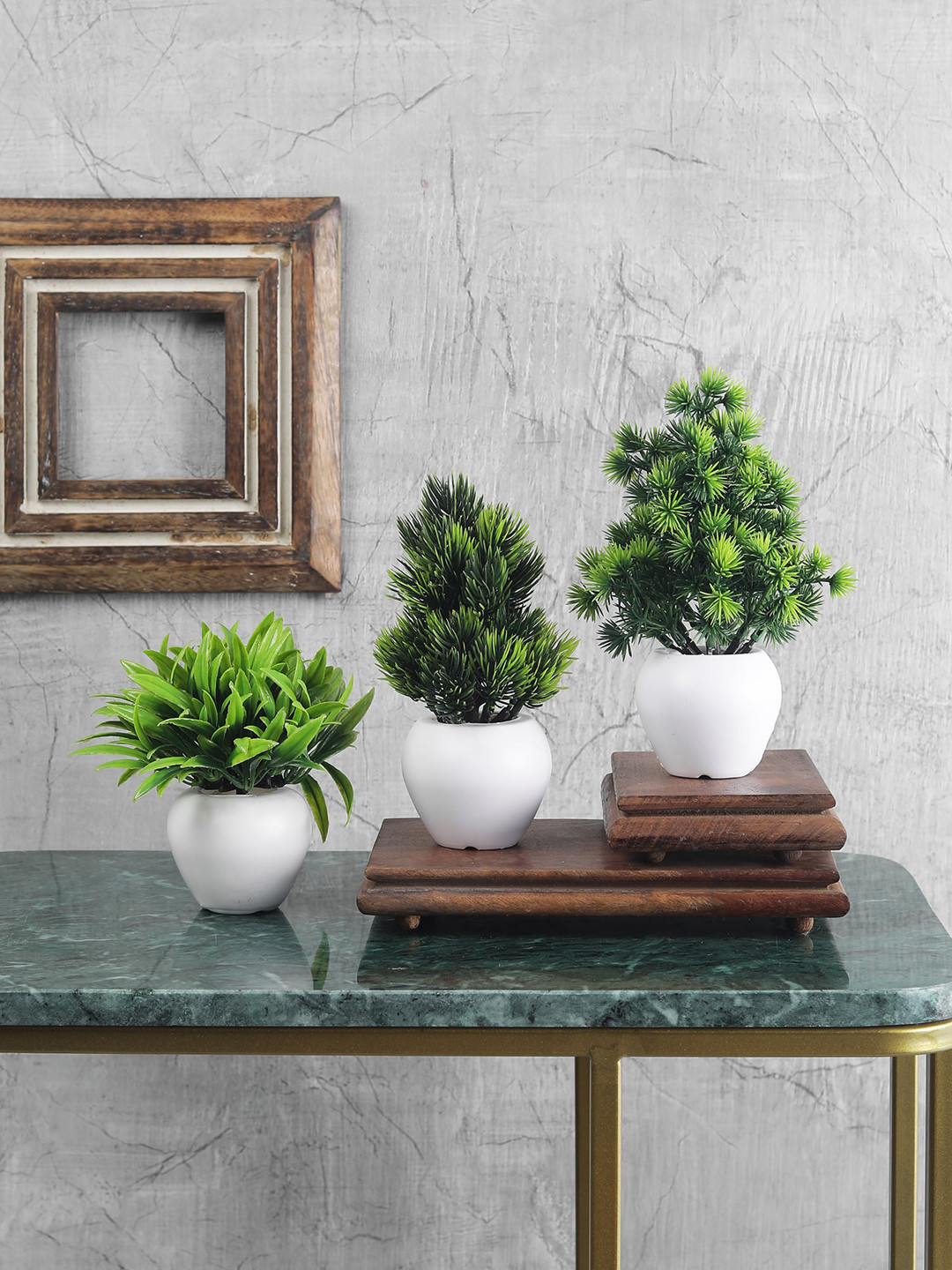 

FOLIYAJ Set of 3 Green & White Artificial Mini Green Plants With Pots