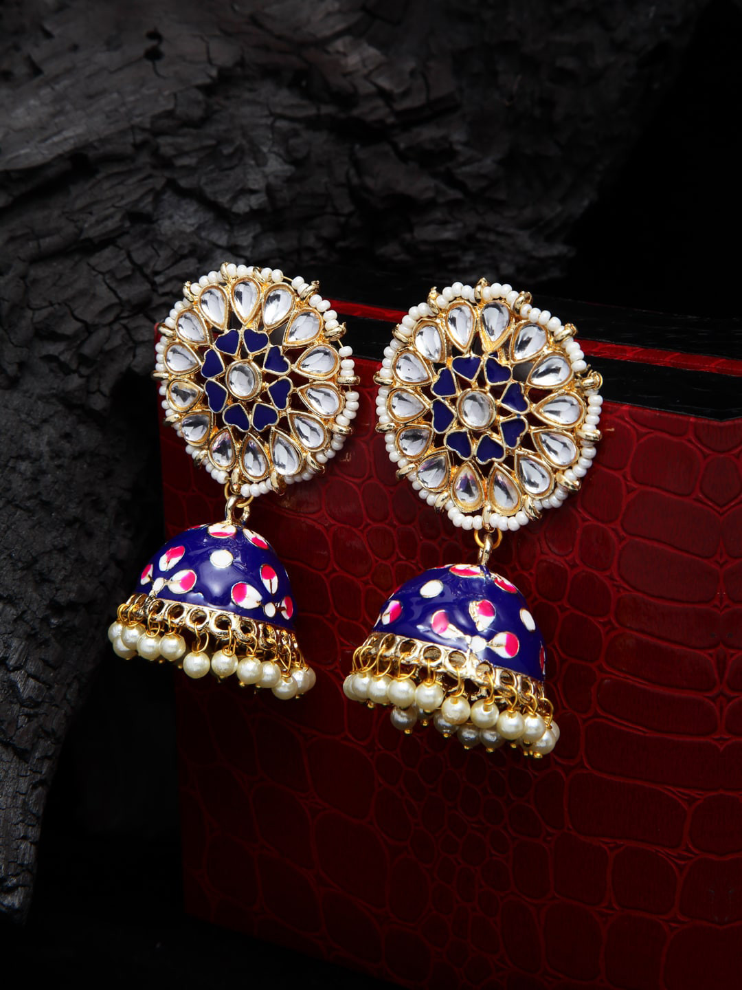 

Shining Diva Blue & Gold-Toned Dome Shaped Jhumkas