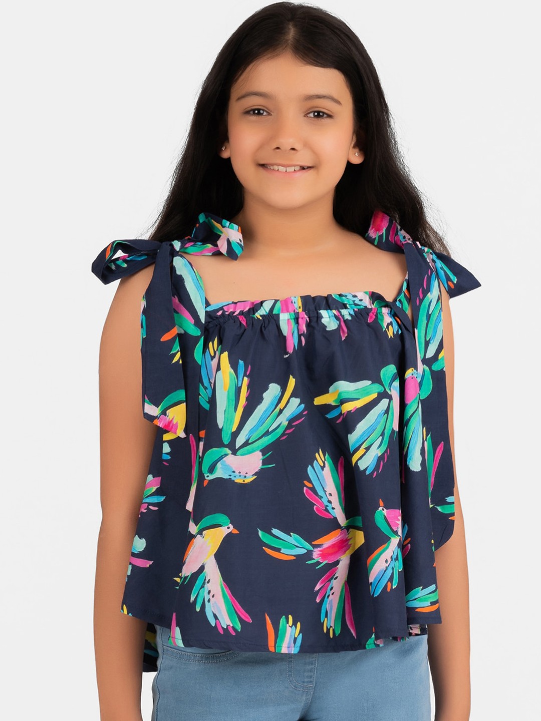 

KIDKLO Girls Navy Blue & Red Floral Printed Pure Cotton Regular Top