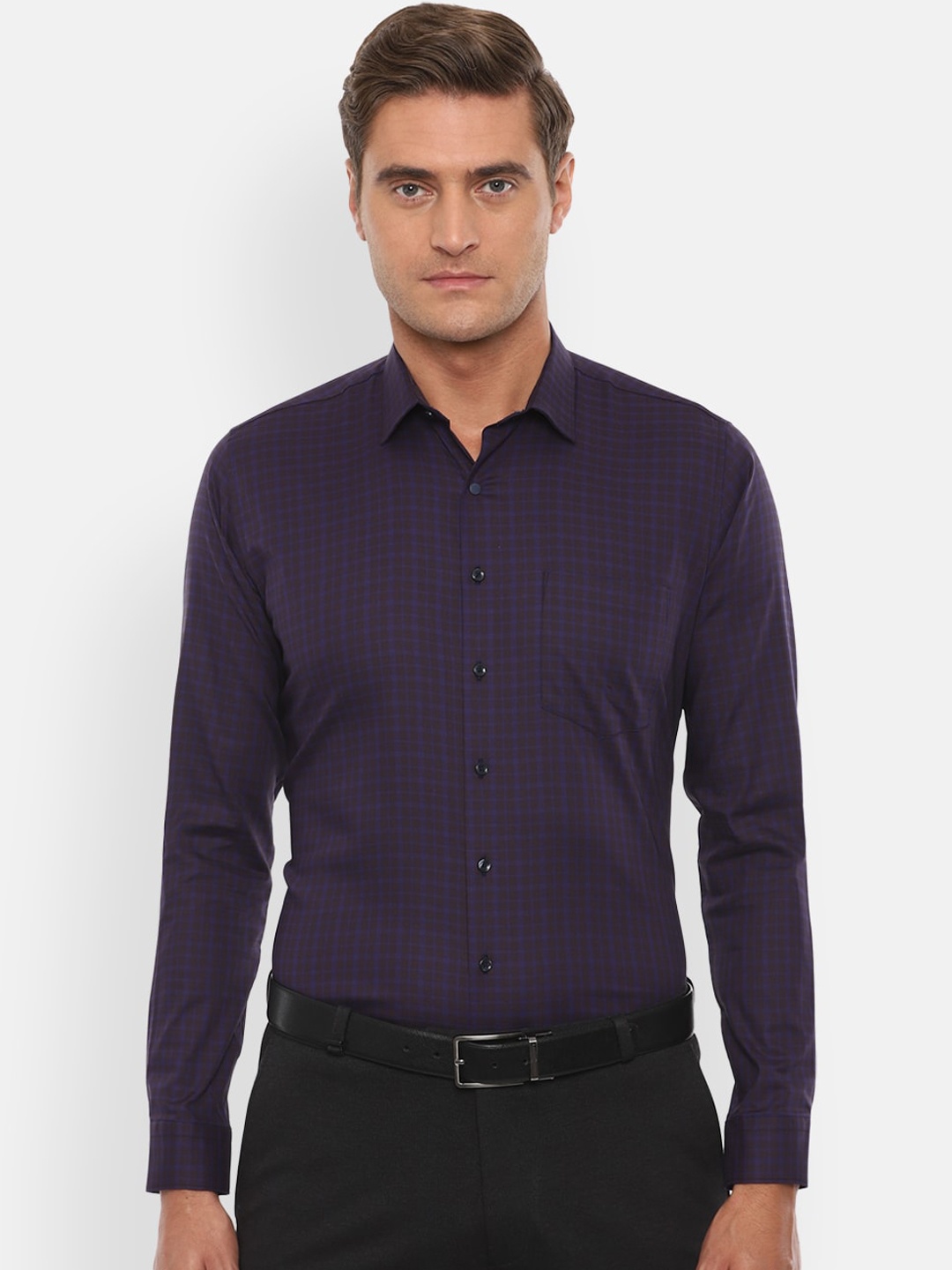 

Van Heusen Men Maroon & Navy Blue Slim Fit Checked Formal Shirt