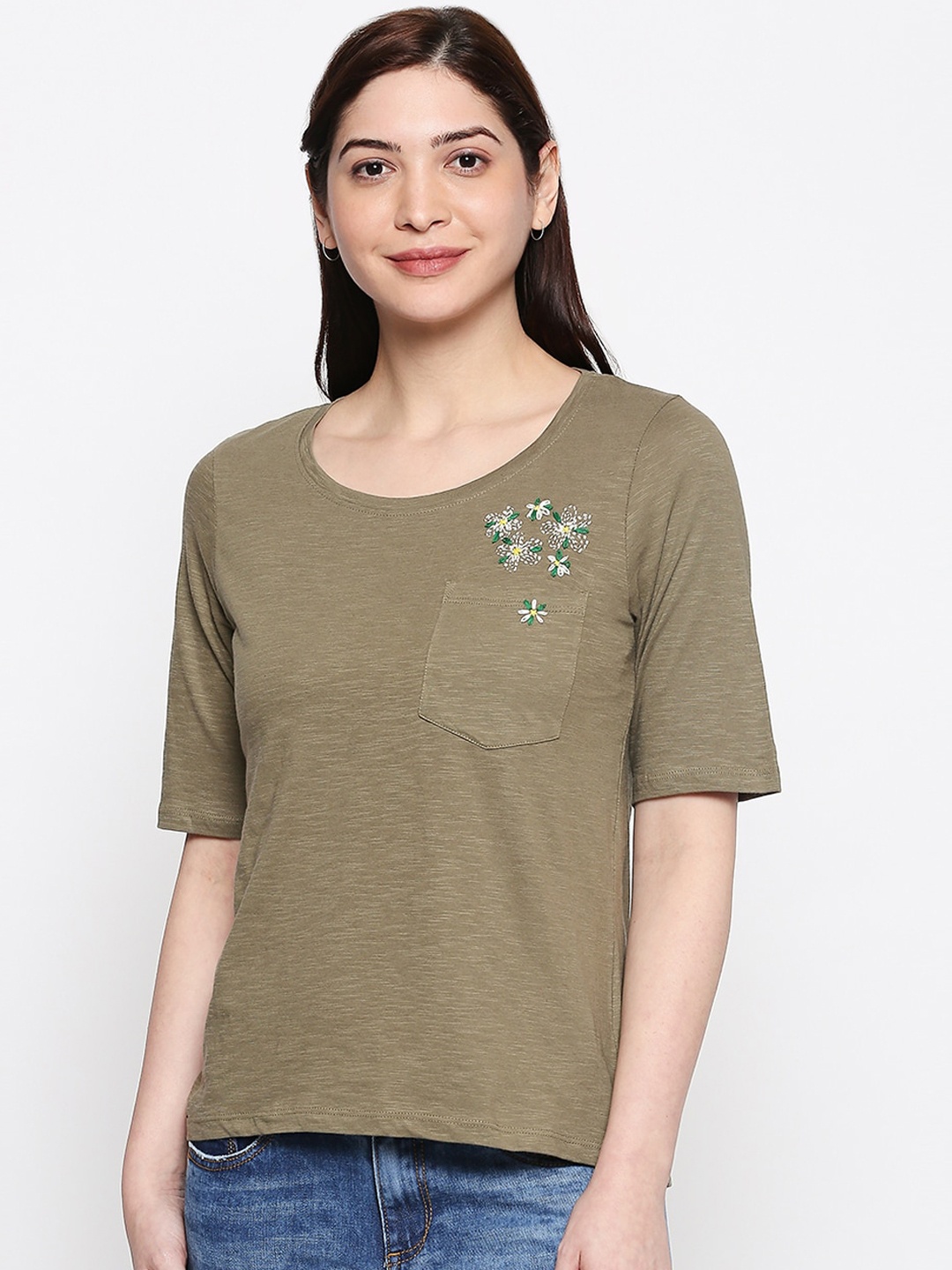 

People Olive Green Solid Pure Cotton Regular Top