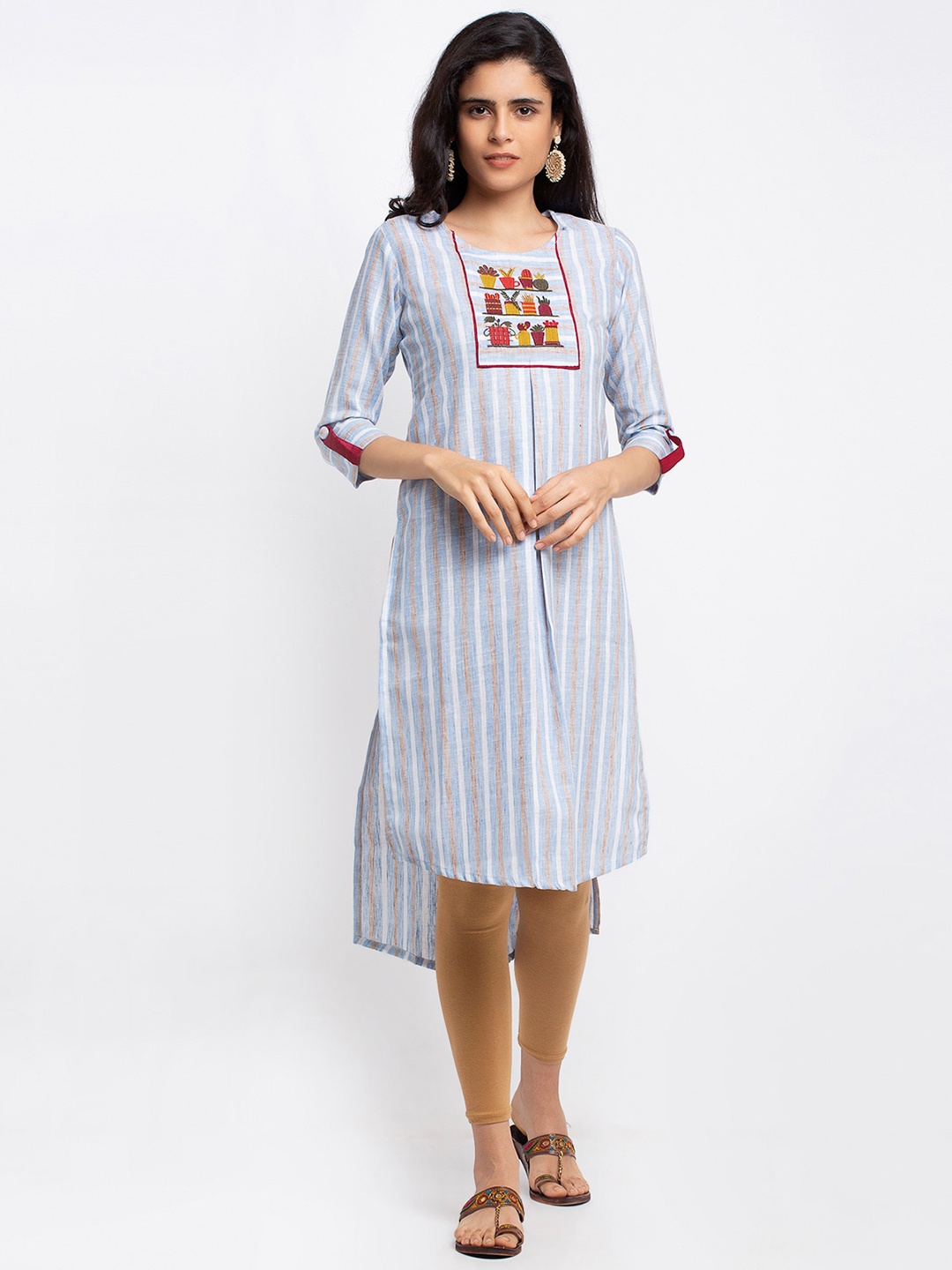 

VAABA Women Blue & White Striped Cotton Thread Work Roll-Up Sleeves Kurta