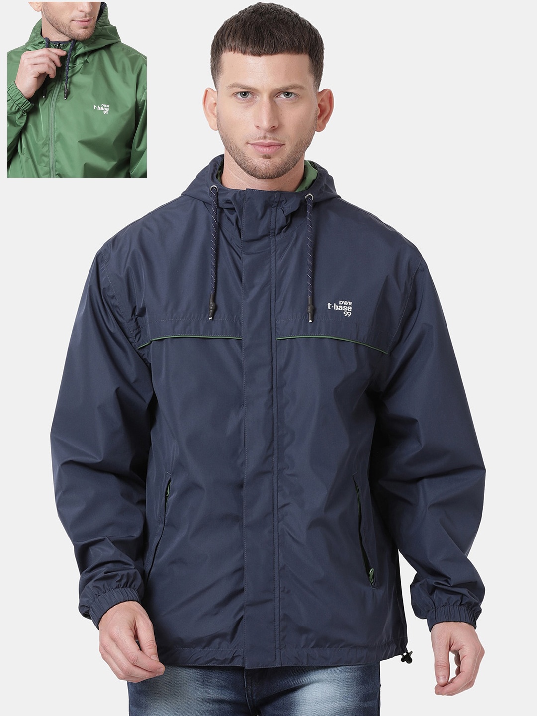 

t-base Men Green & Navy Blue Solid Waterproof Reversible Rain Jacket