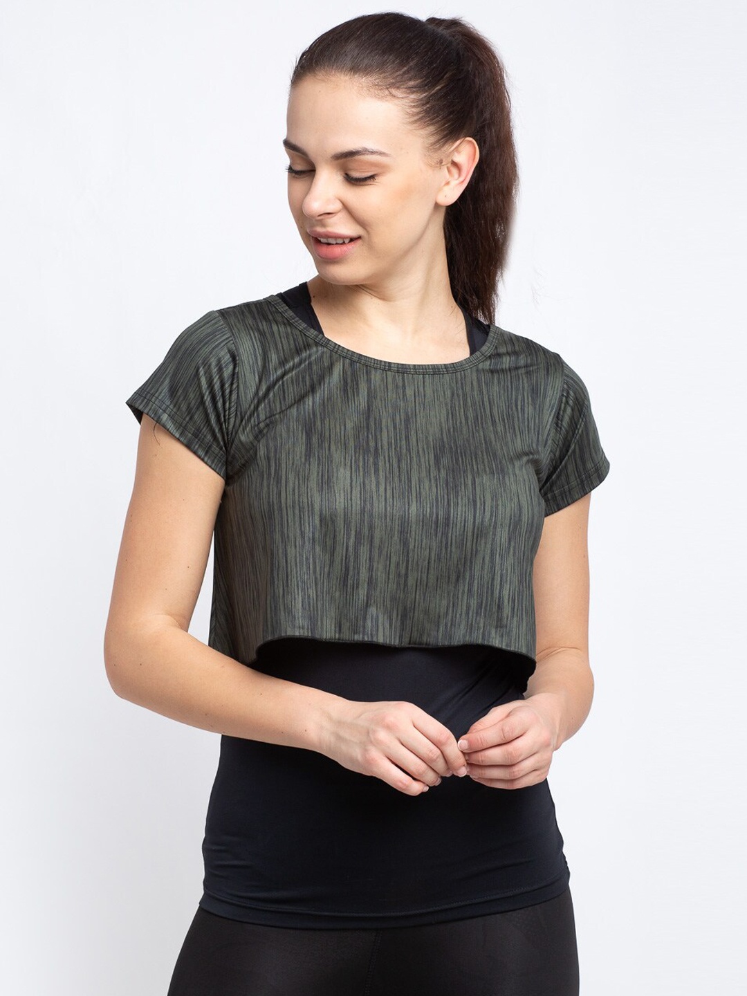 

Boston Club Women Green Striped Round Neck T-shirt