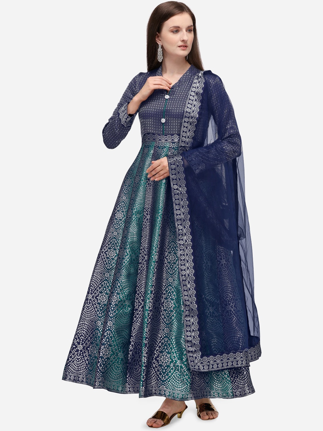 

PURVAJA Women Navy Blue Self Design Gown With Dupatta
