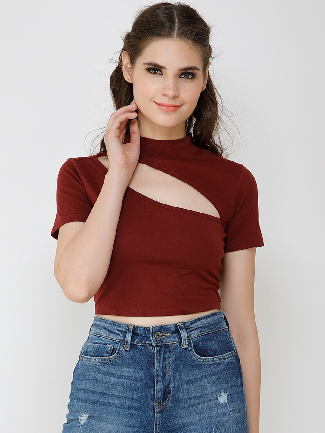 

Cation Maroon Pure Cotton Fitted Crop Top