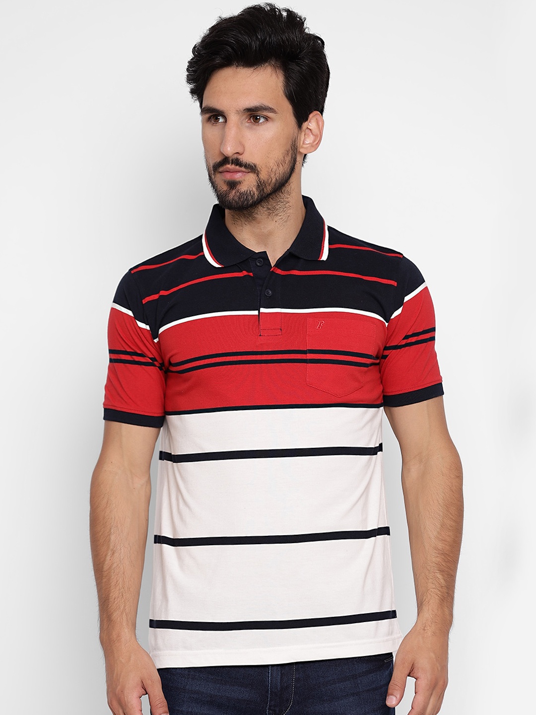 

Richlook Men Red Striped Polo Collar Cotton T-shirt