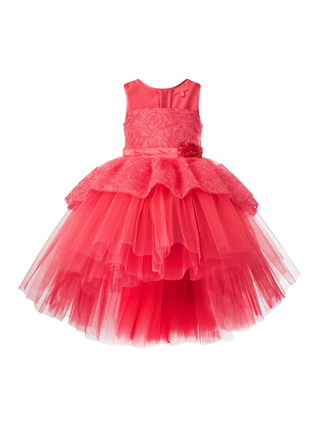 

Toy Balloon Kids Girls Coral Red Self Design Net Fit and Flare Dress