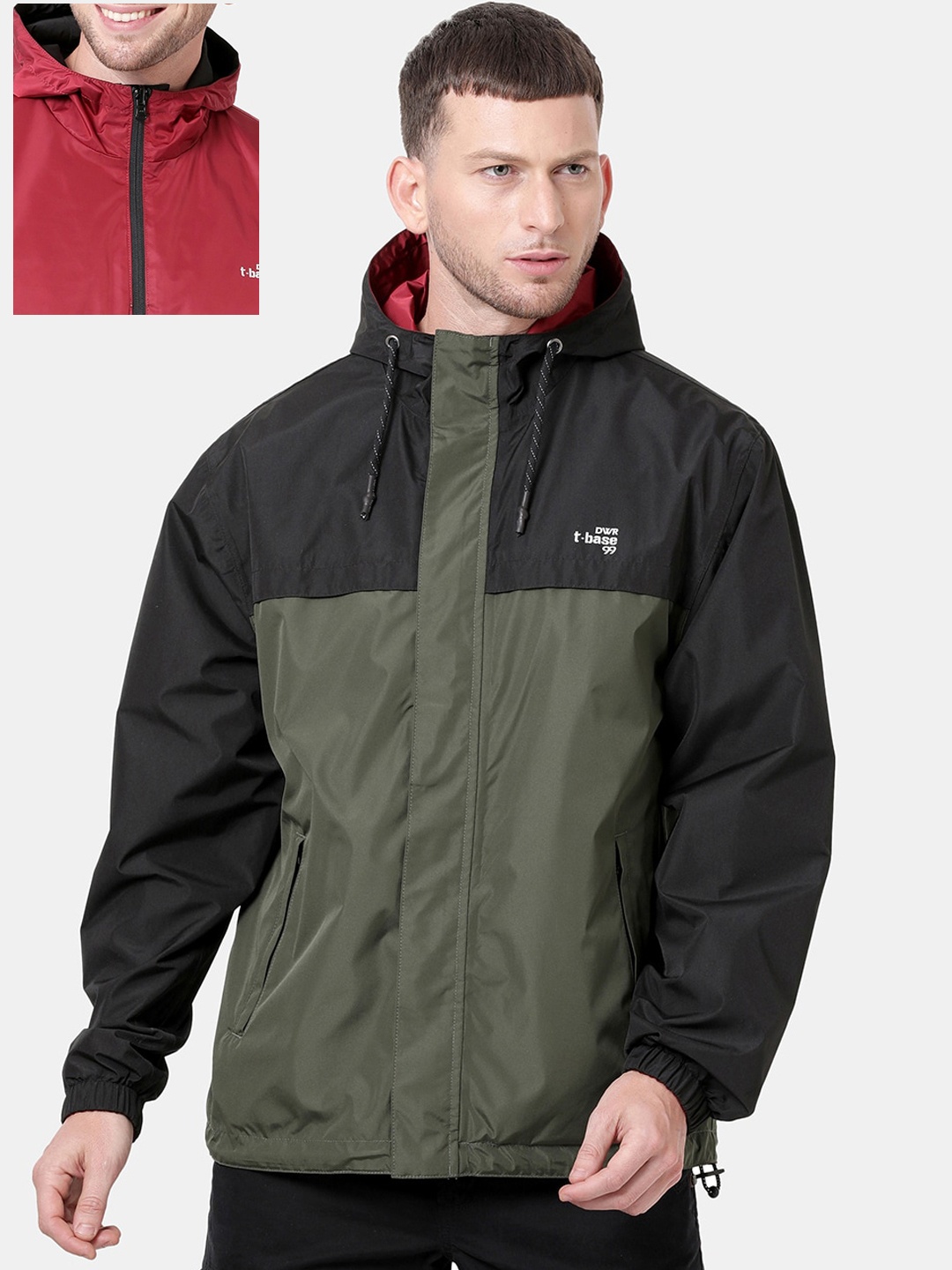 

t-base Men Olive Green & Red Waterproof Reversible Rain Jacket