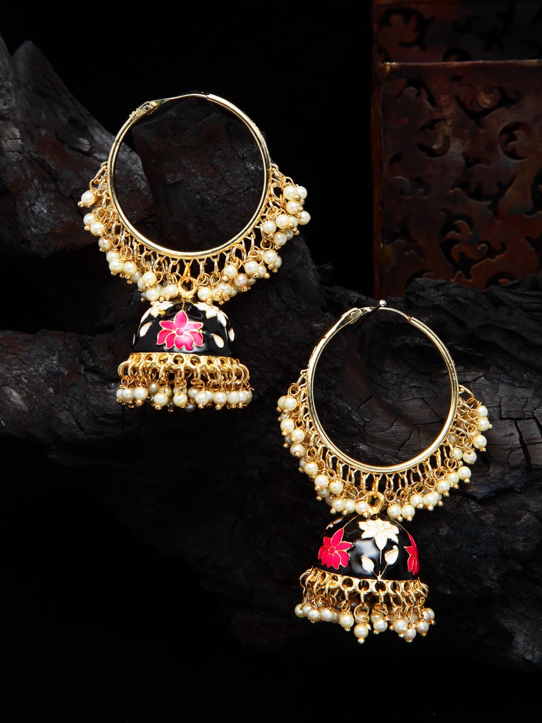 

Shining Diva Black & Gold-Toned Dome Shaped Jhumkas