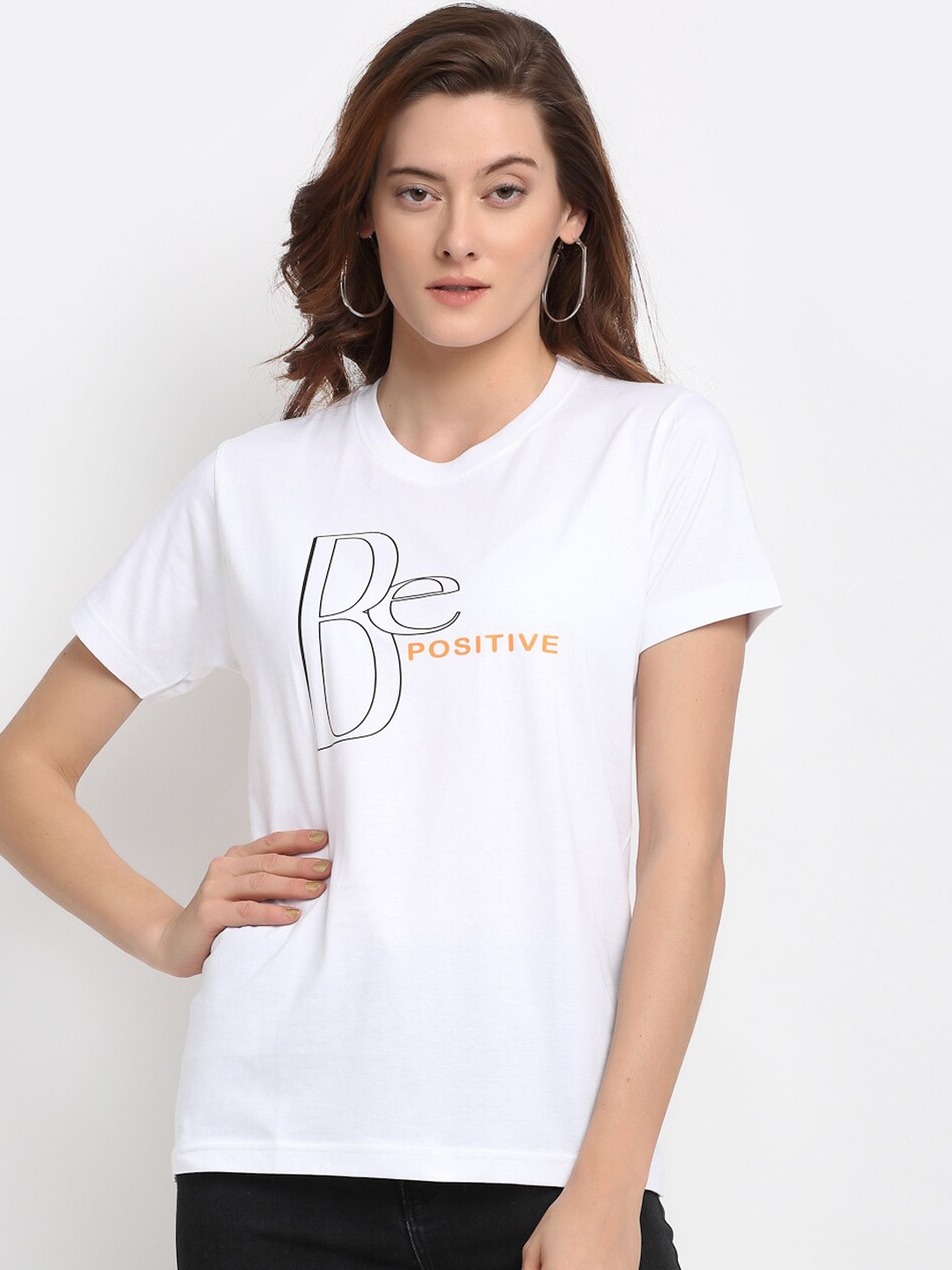 

YOLOCLAN Women White Printed V-Neck T-shirt