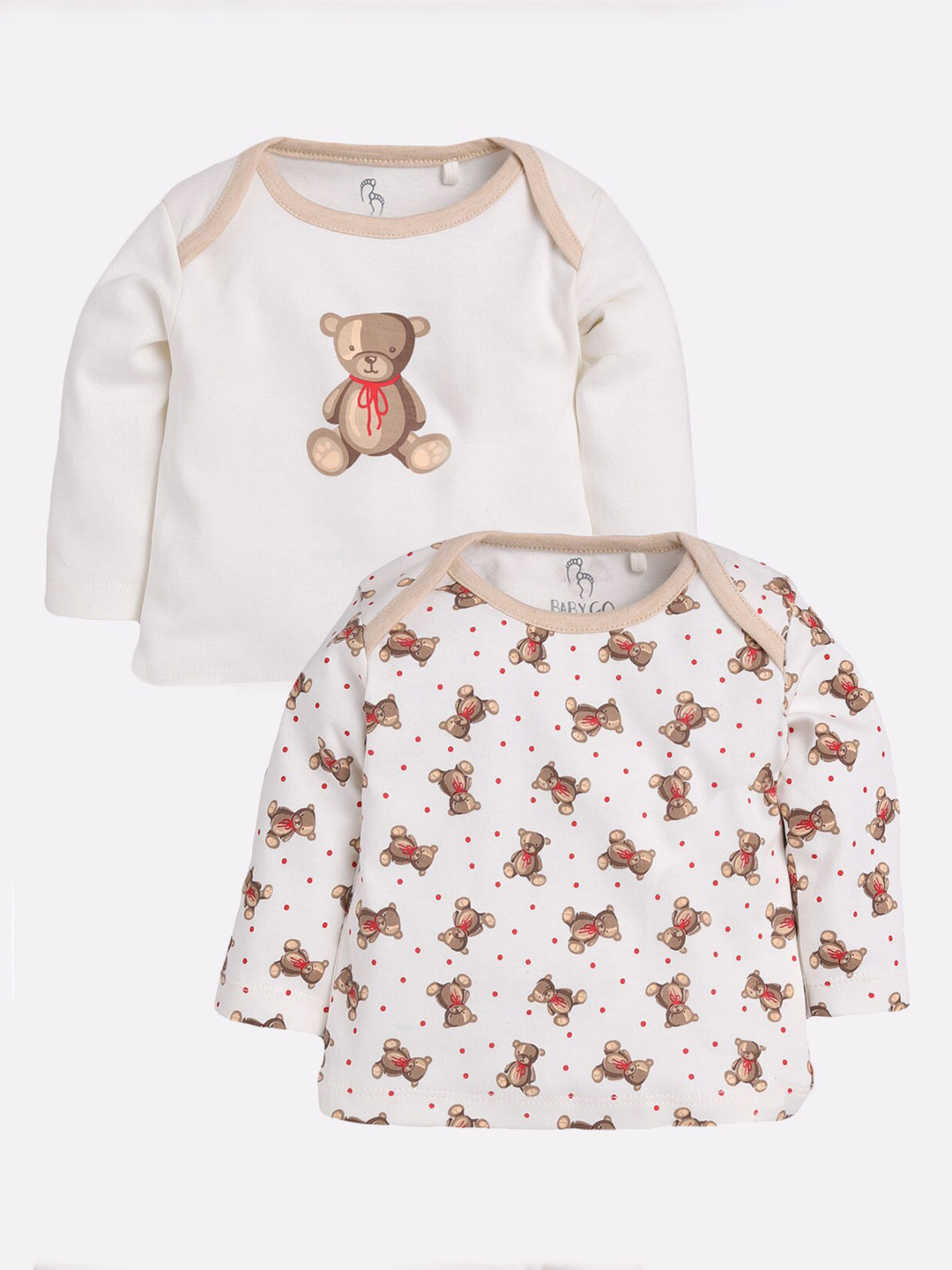 

BABY GO Set of 2 Unisex Infants White & Beige Cotton Printed Round Neck T-shirt