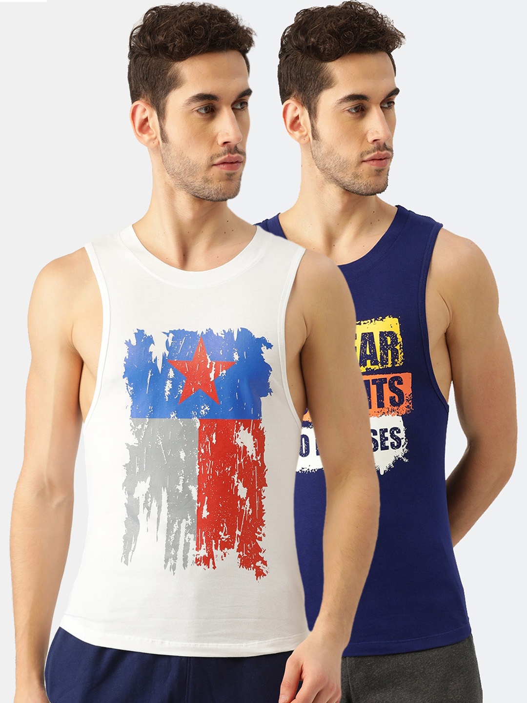 

ROMEO ROSSI Men Pack Of 2 Printed Gym Vests, Navy blue