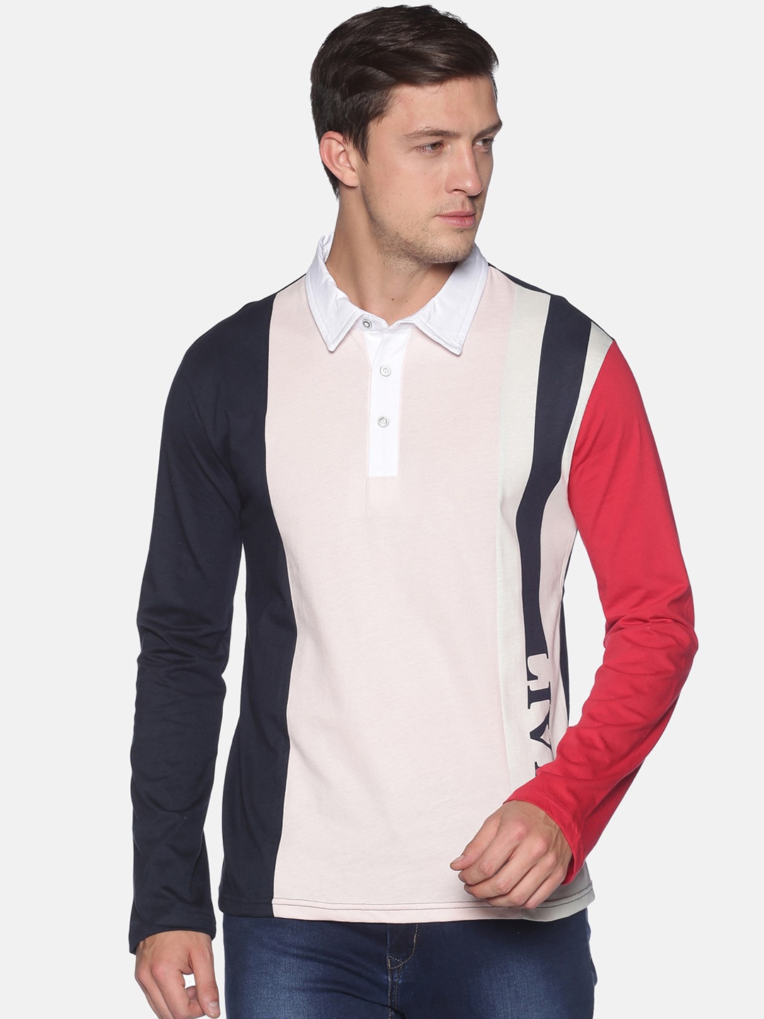 

UrGear Men White & Navy Blue Pure Cotton Colourblocked Polo Collar T-shirt