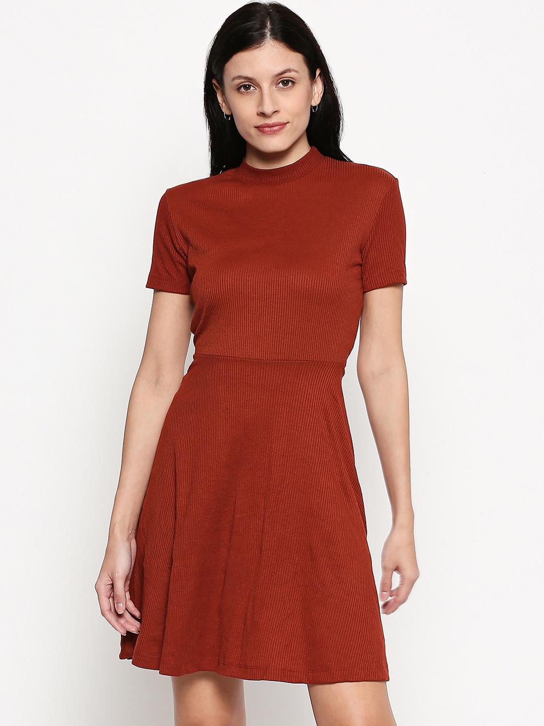 

People Women Rust Brown Ribbed Fit and Flare Dress