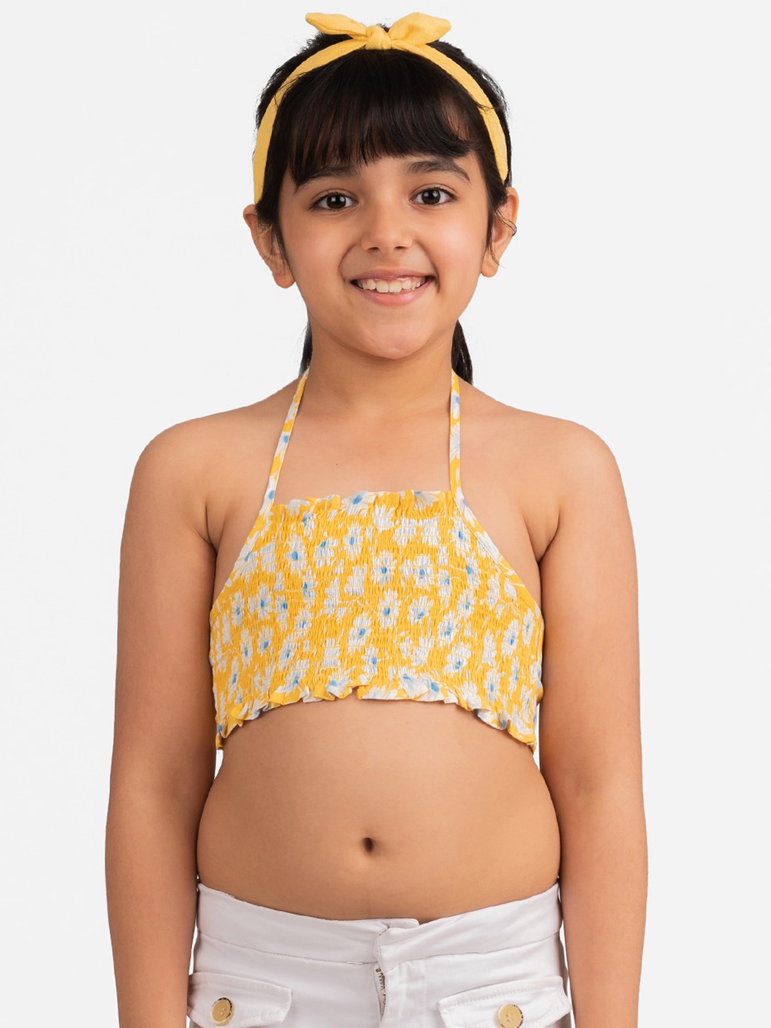 

KIDKLO Girls Yellow & White Floral Printed Halter Neck Smocked Bralette Crop Top